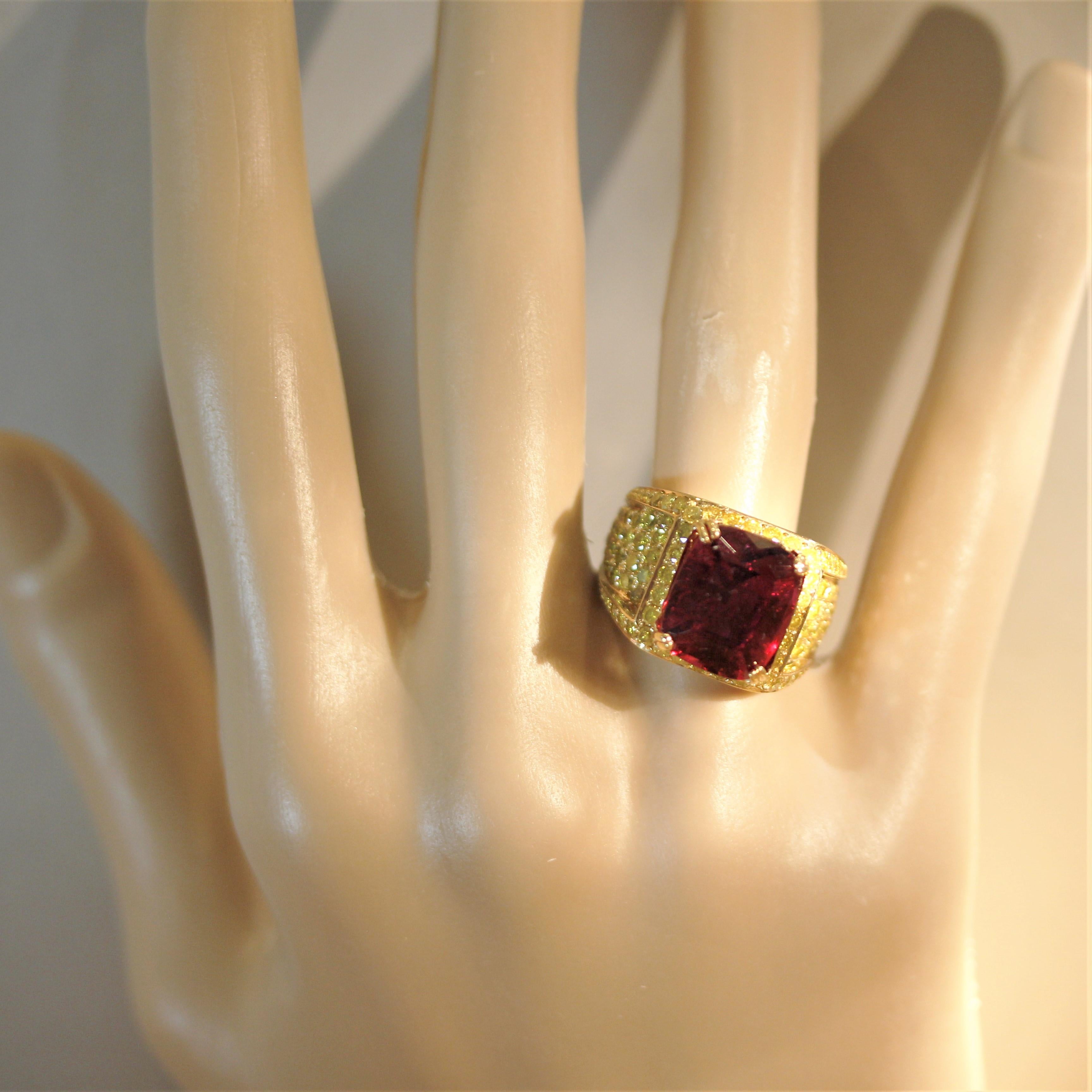 Mixed Cut Rubellite Tourmaline Fancy-Yellow Diamond Gold Cocktail Ring