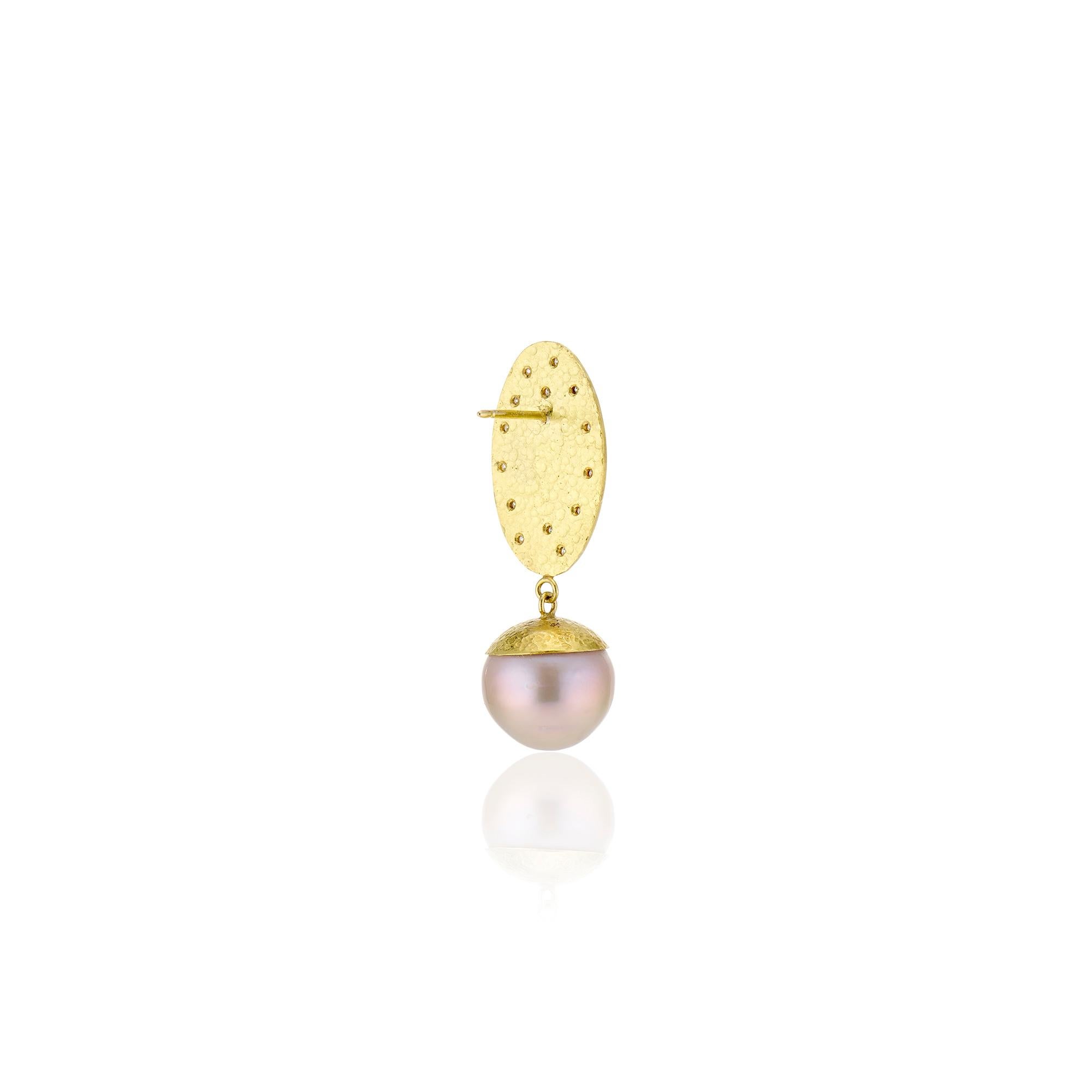 Oval Cut Rubellite Tourmaline, Lavender Pearl, Diamond and Gold Dangle Drop Earrings