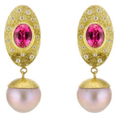 Rubellite Tourmaline, Lavender Pearl, Diamond and Gold Dangle Drop Earrings