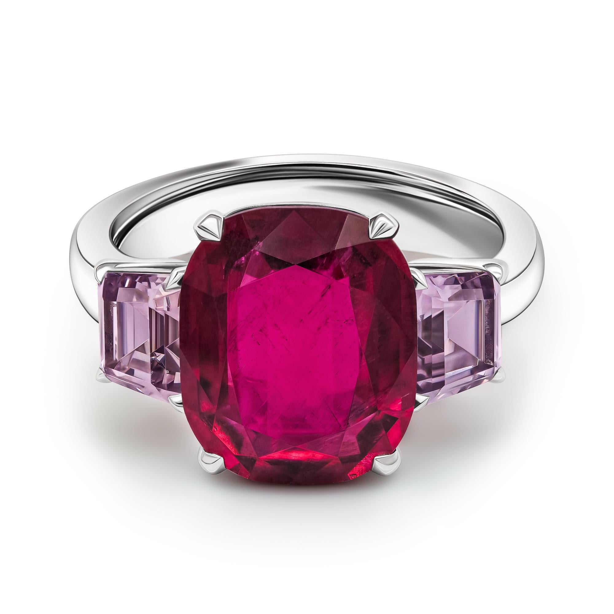 •	18K White gold.  
•	Ruby red Rubellite in cushion cut – total carat weight 4.06. 
•	Spinels – 2 pc in trapezium cut, total carat weight 1.20.
•	Product weight - 5.30 grams.
•	Ring size – 5.5’.
