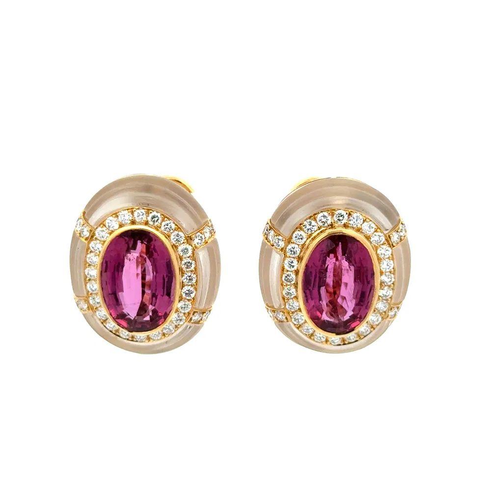 Rubellit Turmalin, RBC Diamant und Quarzkristall Gold Vintage Clip-Ohrringe (Gemischter Schliff) im Angebot