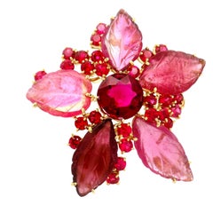 Rubellit Turmalin Rot-Spinell 18K Gelbgold Floral Brosche Anhänger