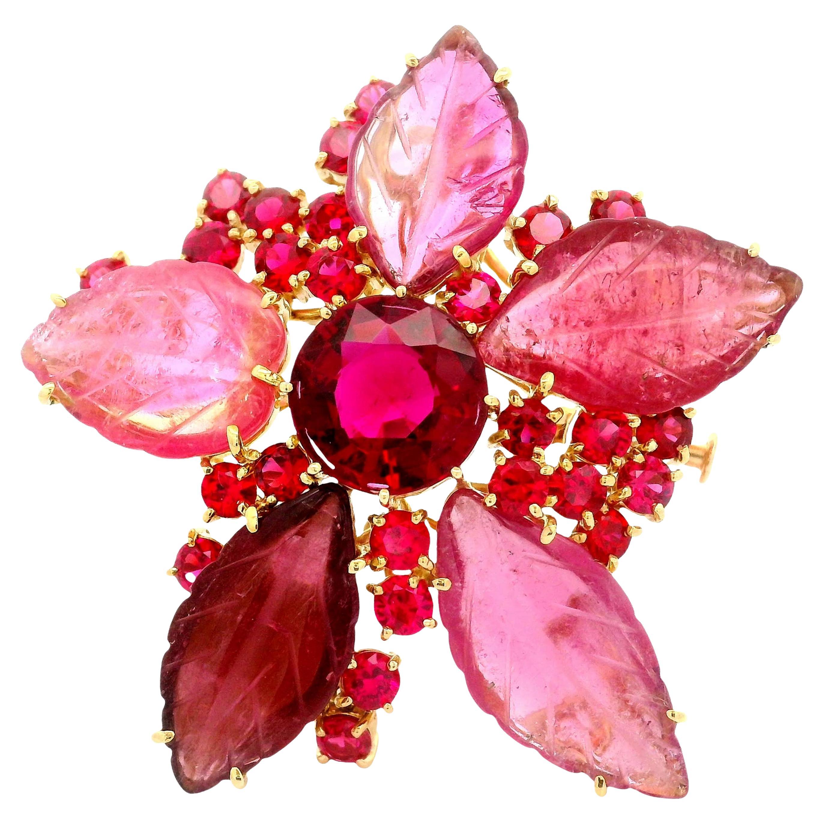 Rubellite Tourmaline Red-Spinel 18K Yellow Gold Floral Brooch Pendant