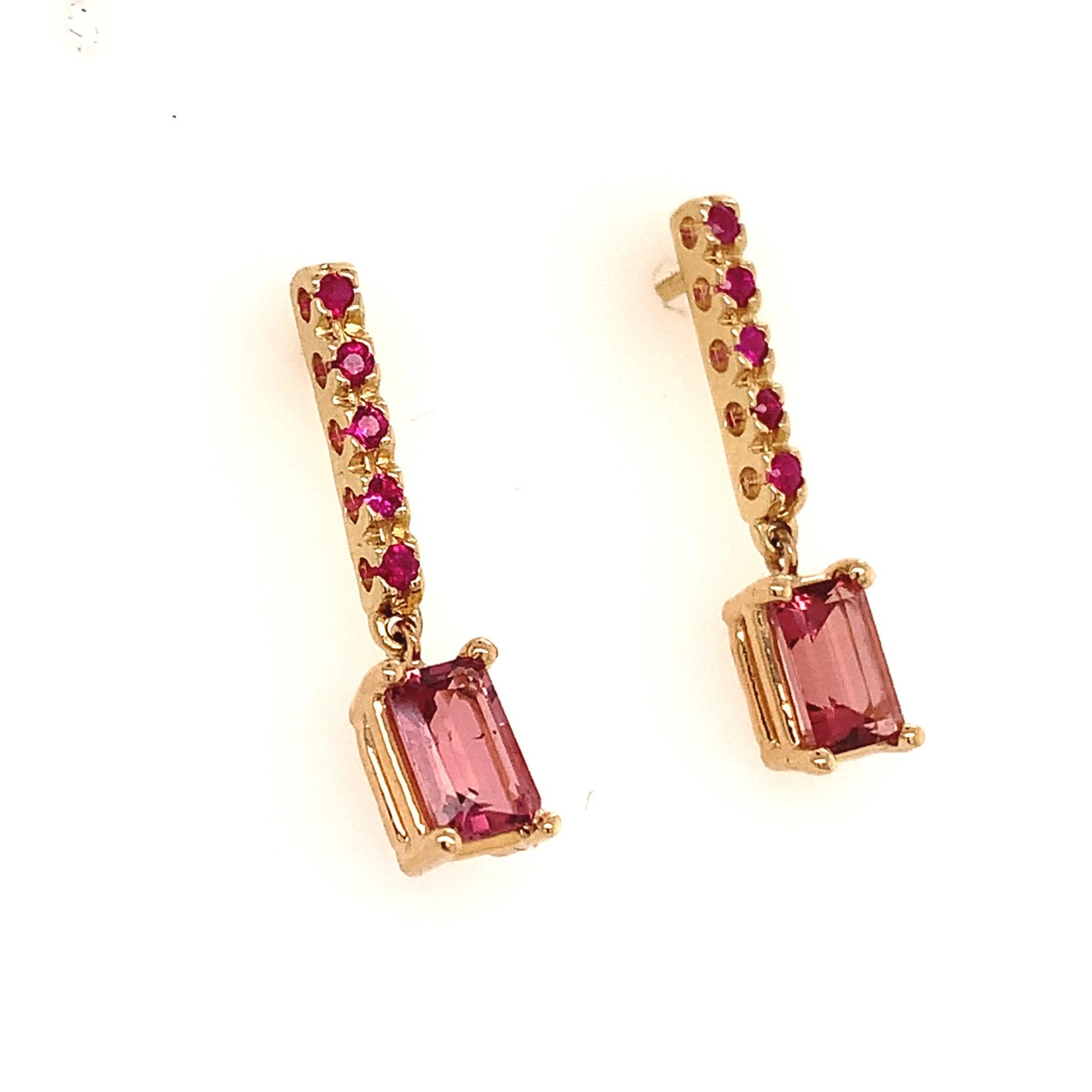 Square Cut Rubellite Tourmaline Ruby Earrings 14k Gold 1.25 TCW Certified For Sale