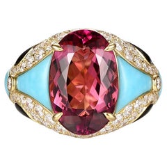 Rubellite Turquoise Onyx Diamond Cocktail Ring in 18 Karat Yellow Gold