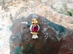 Rubellite with Cabochon Ruby and Diamond Owl Brooch Set in 18k Gold Settings
