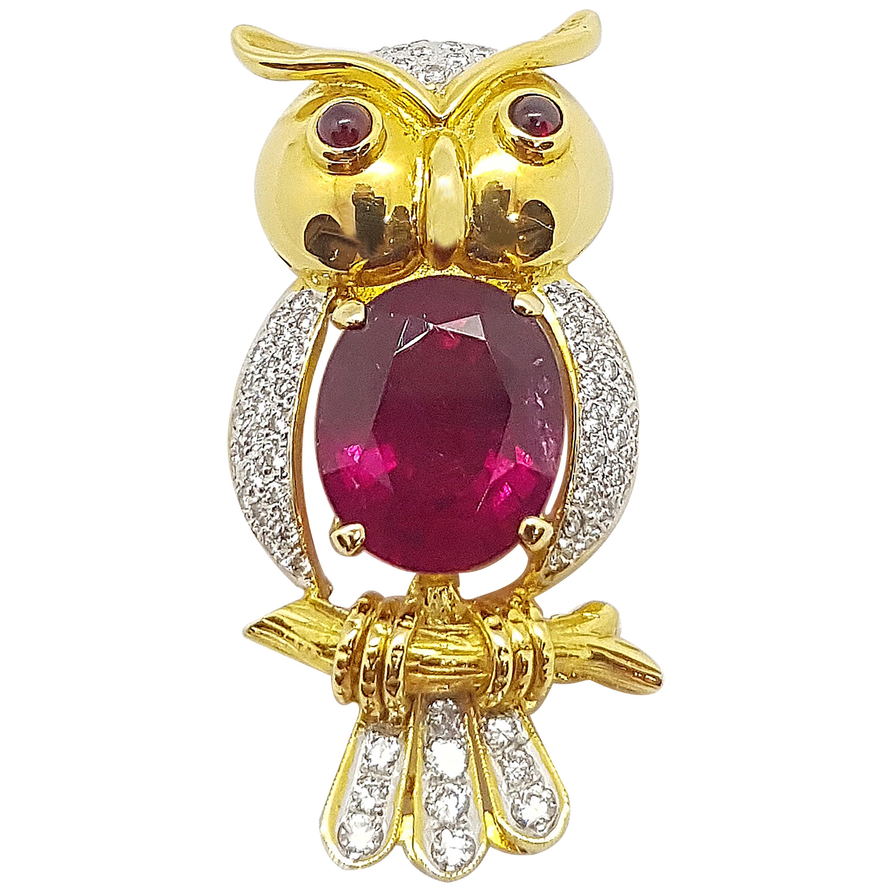 Rubellite with Cabochon Ruby and Diamond Owl Brooch Set in 18k Gold Settings For Sale
