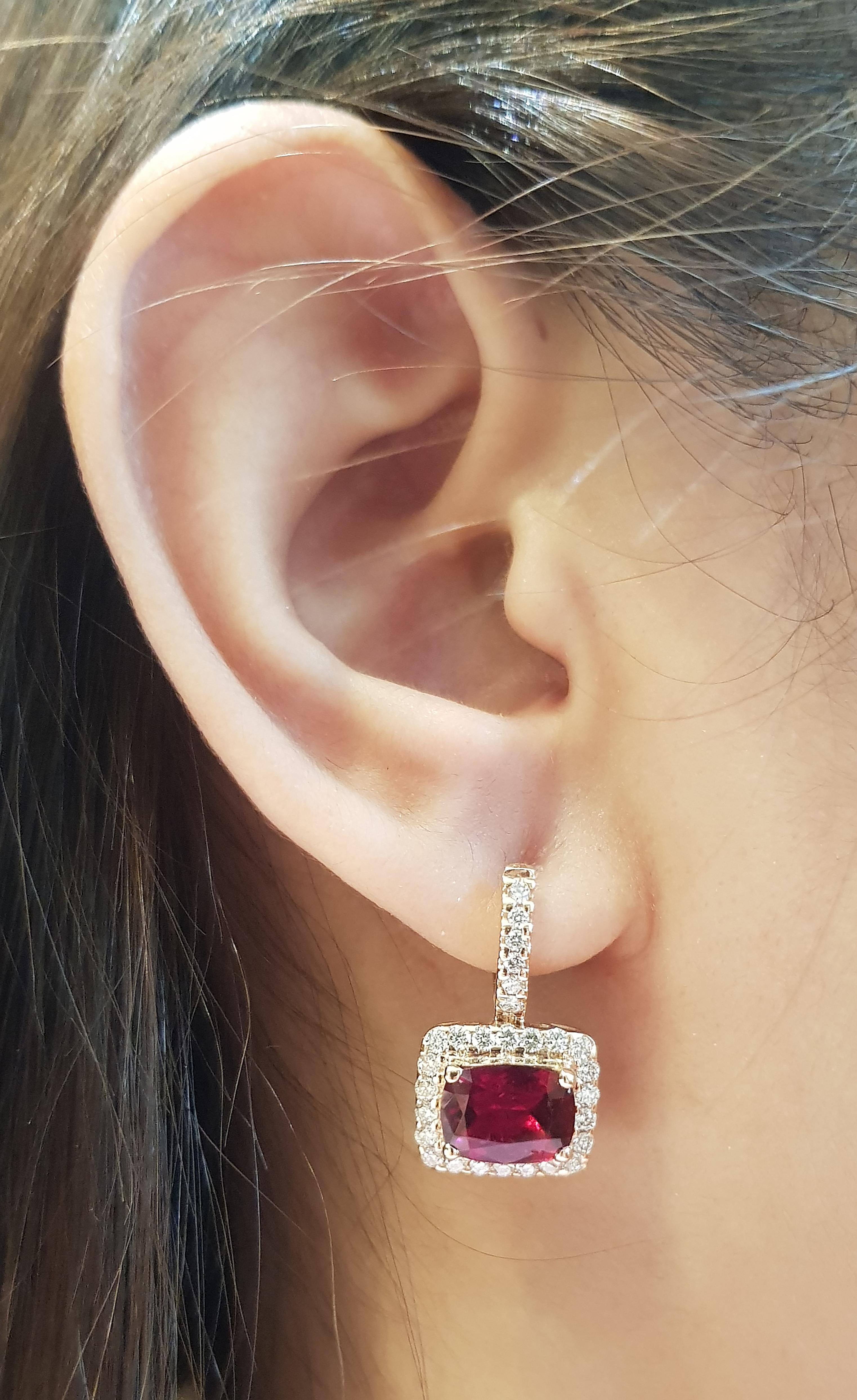 Rubellite 3.90 carats with Diamond 0.95 carat Earrings set  in 18 Karat Rose Gold Settings

Width:  1.2 cm 
Length: 2.2 cm
Total Weight: 7.62 grams

