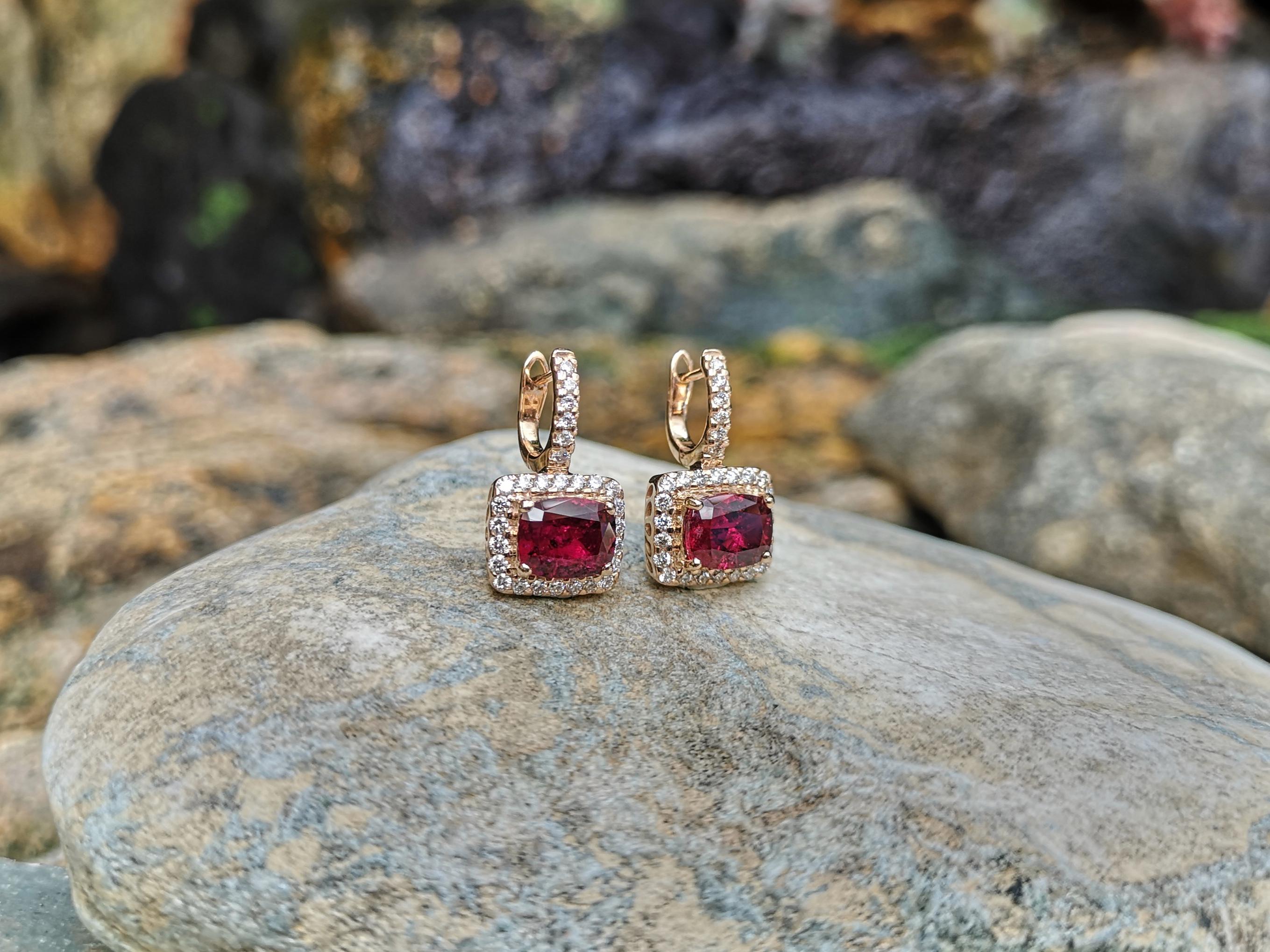 Mixed Cut Rubellite with Diamond Earrings Set in 18 Karat Rose Gold Settings For Sale