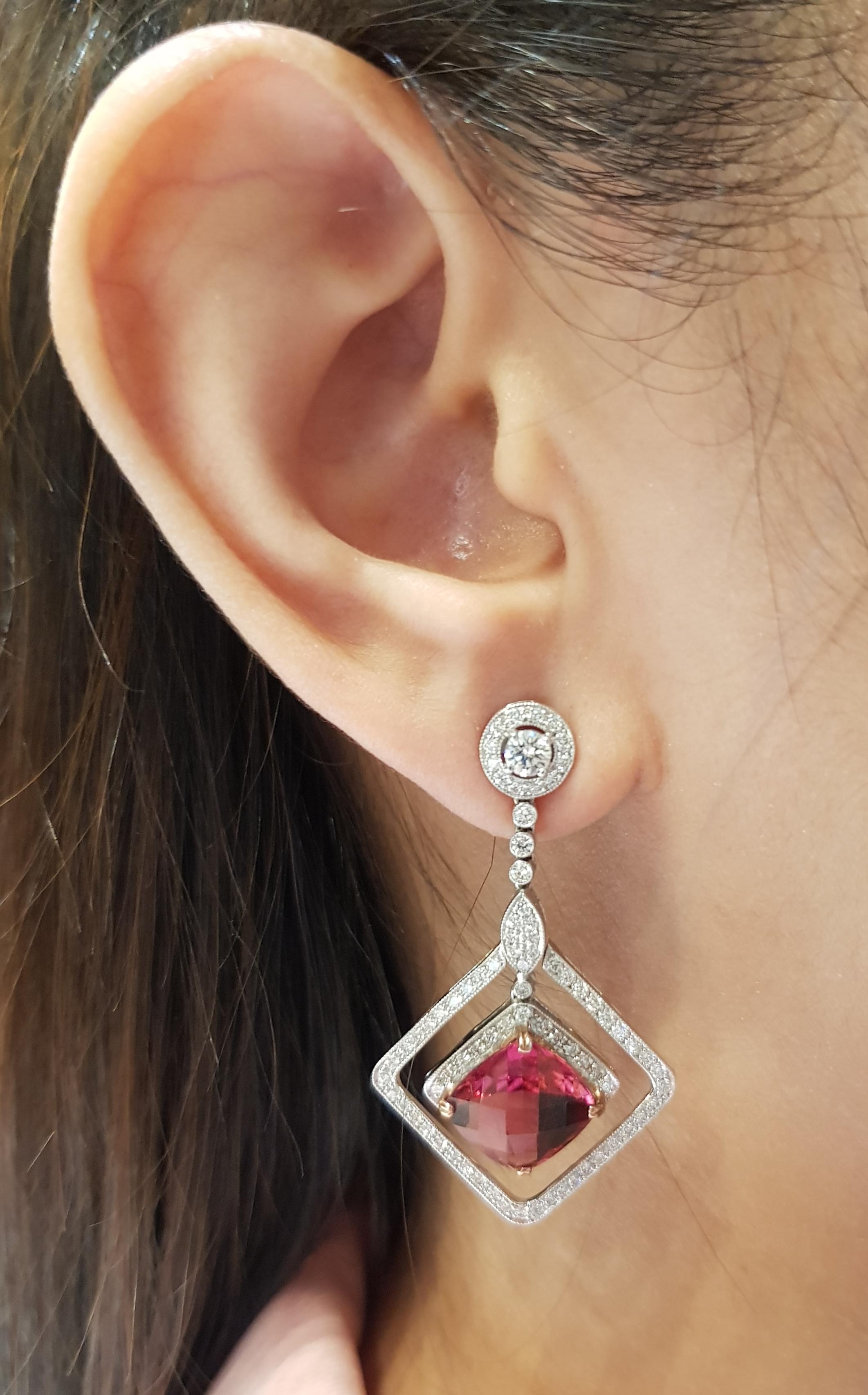 Rubellite 7.26 carats with Diamond 0.30 carat Earrings set in 18 Karat White Gold Settings

Width:  2.4 cm 
Length:  4.2 cm
Total Weight: 11.81 grams

