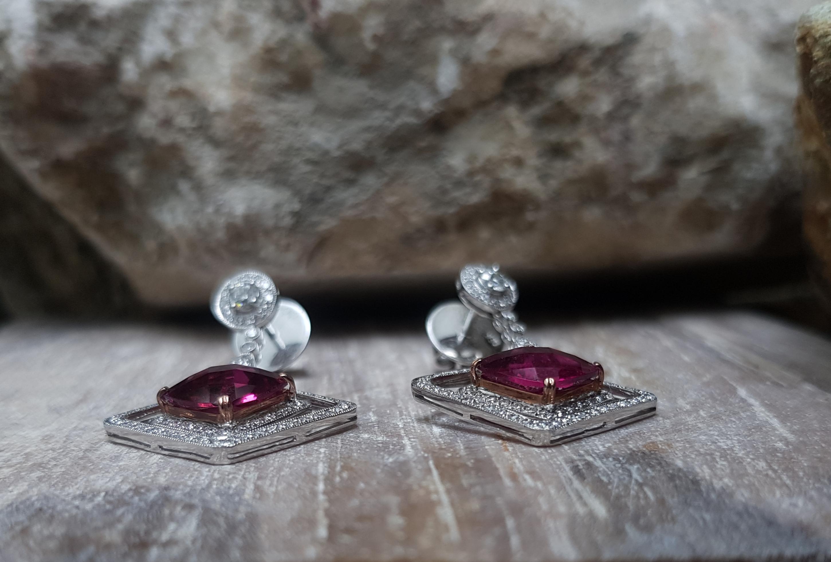Mixed Cut Rubellite with Diamond Earrings Set in 18 Karat White Gold Settings For Sale