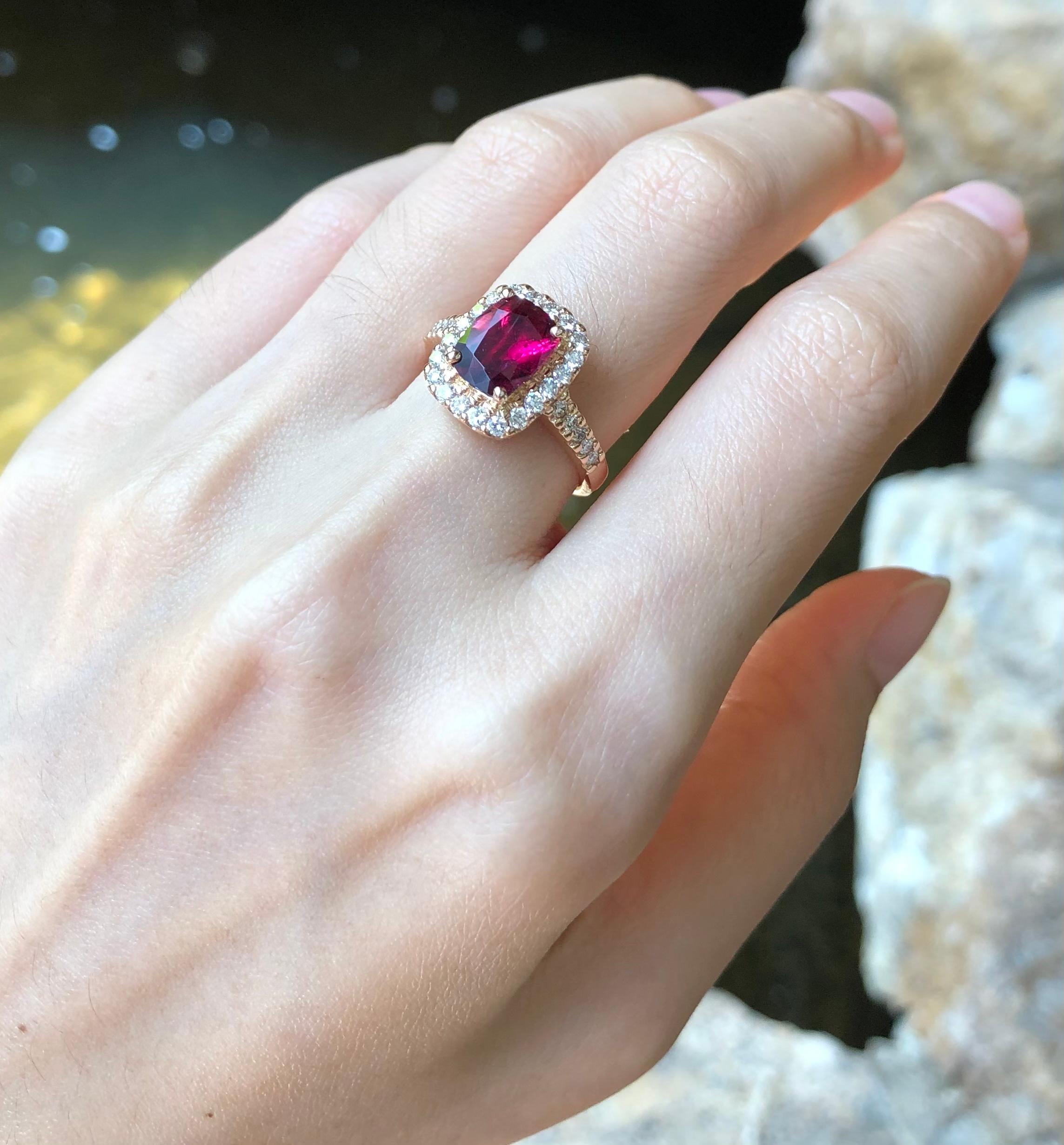 Cushion Cut Rubellite with Diamond Ring Set in 18 Karat Rose Gold Settings For Sale