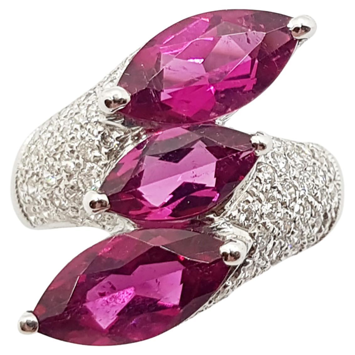 Rubellite with Diamond Ring Set in 18 Karat White Gold Settings For Sale