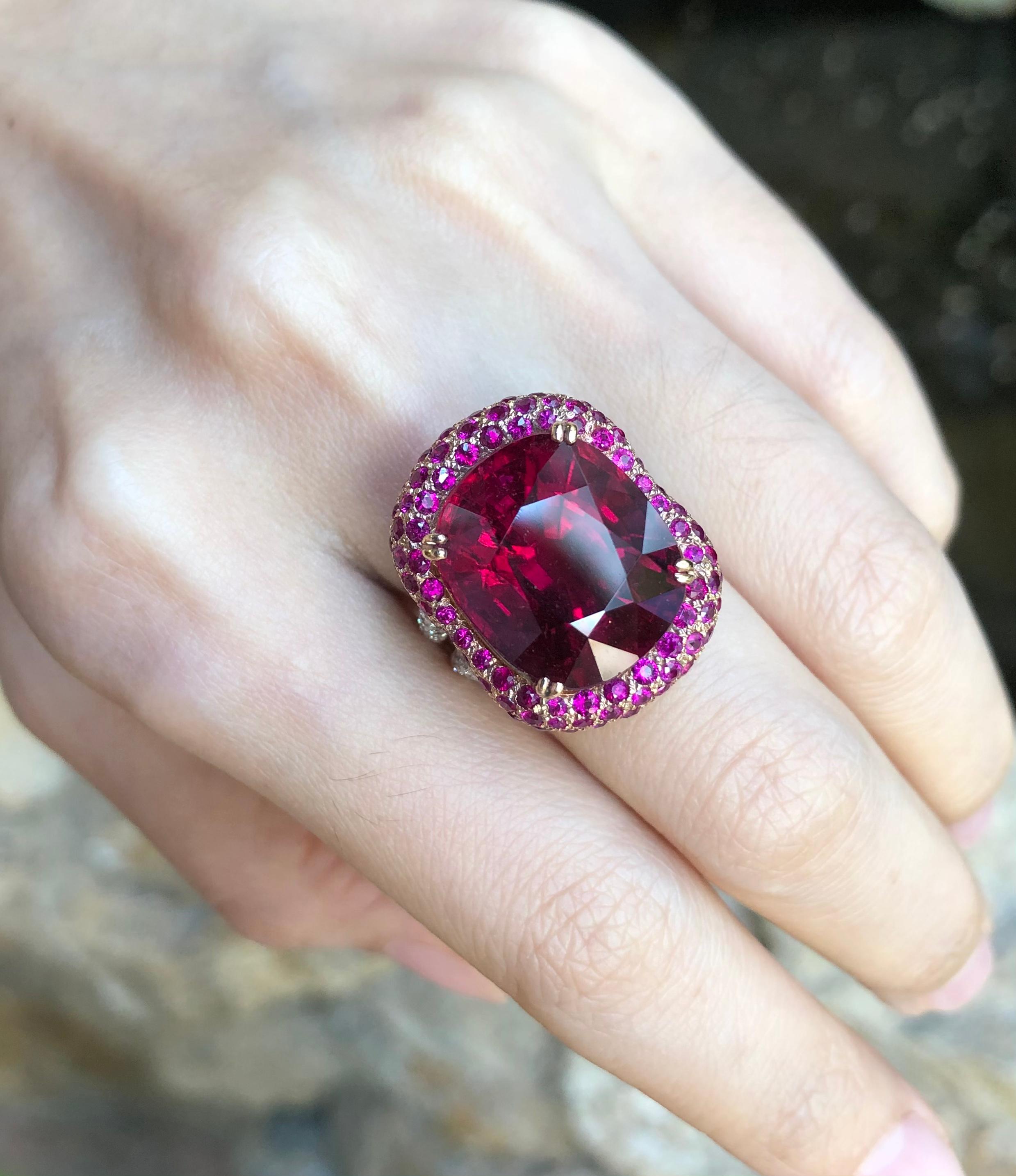 Rubellite 17.18 carats with Ruby 2.82 carats and Diamond 0.55 carat Ring set in 18 Karat White Gold and Rose Gold Settings

Width:  1.6 cm 
Length:  2.1 cm
Ring Size: 51
Total Weight: 14.94 grams

