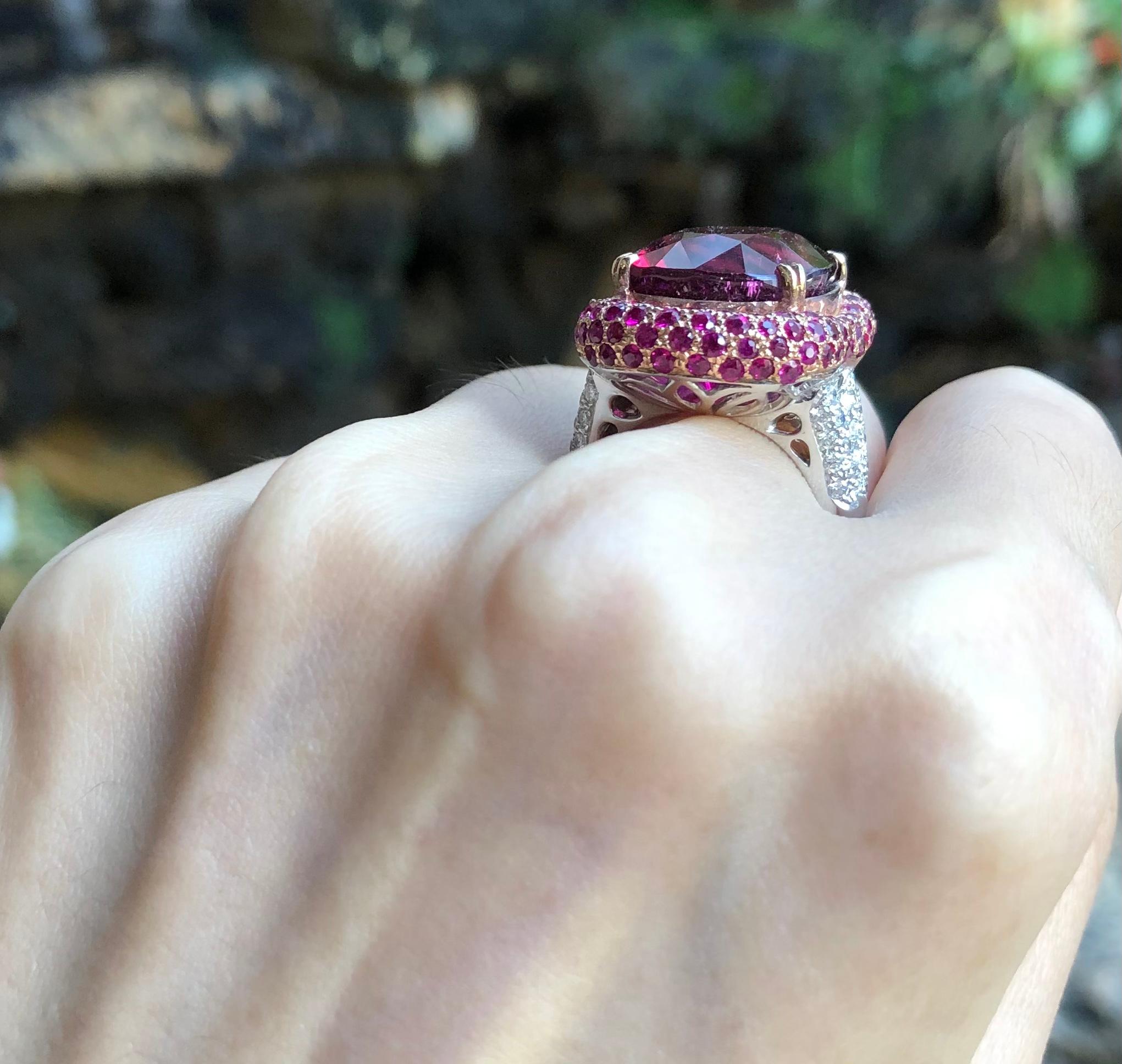Contemporary Rubellite with Ruby and Diamond Ring in 18K White Gold and Rose Gold Settings