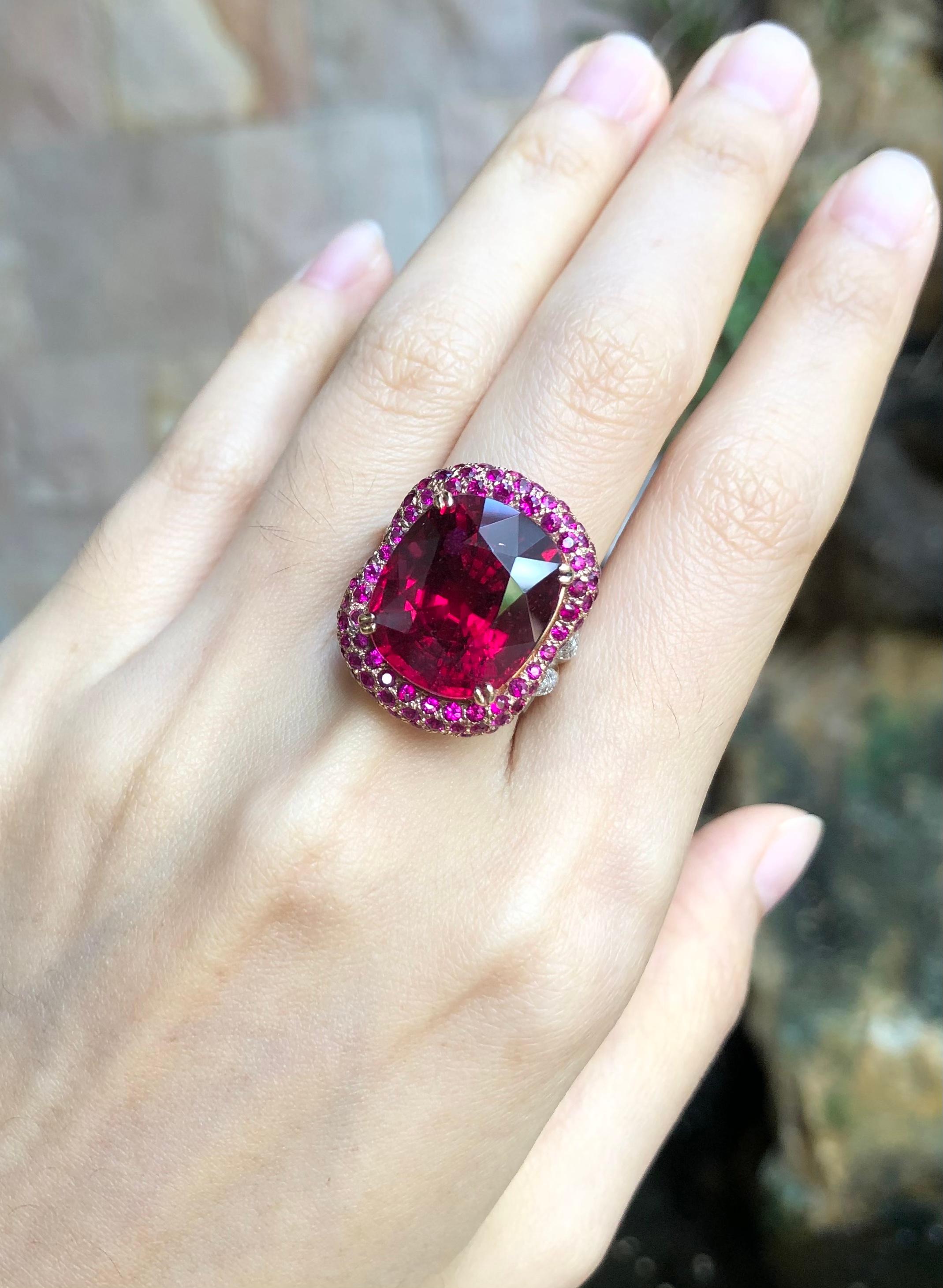 Mixed Cut Rubellite with Ruby and Diamond Ring in 18K White Gold and Rose Gold Settings
