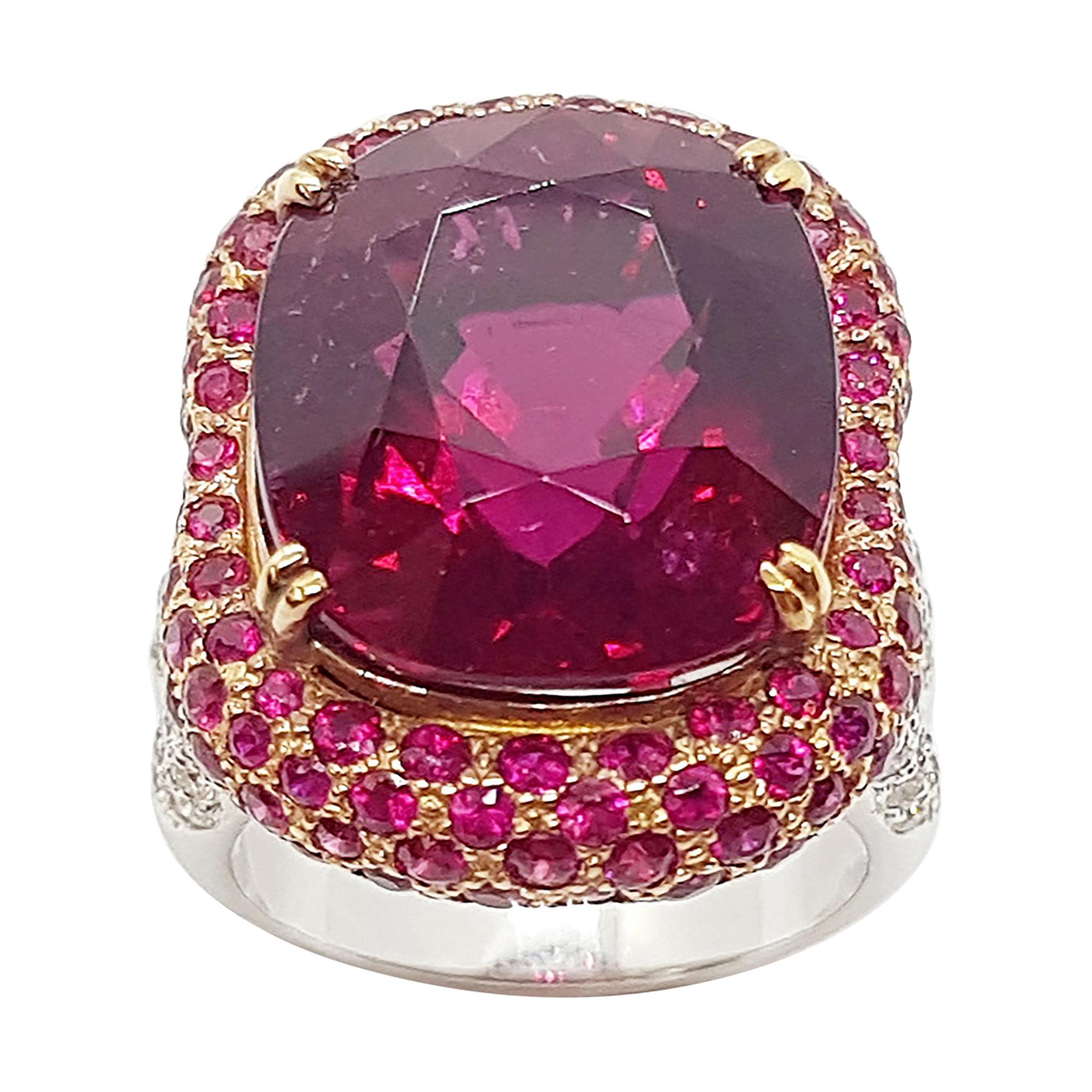 Rubellite with Ruby and Diamond Ring in 18K White Gold and Rose Gold Settings