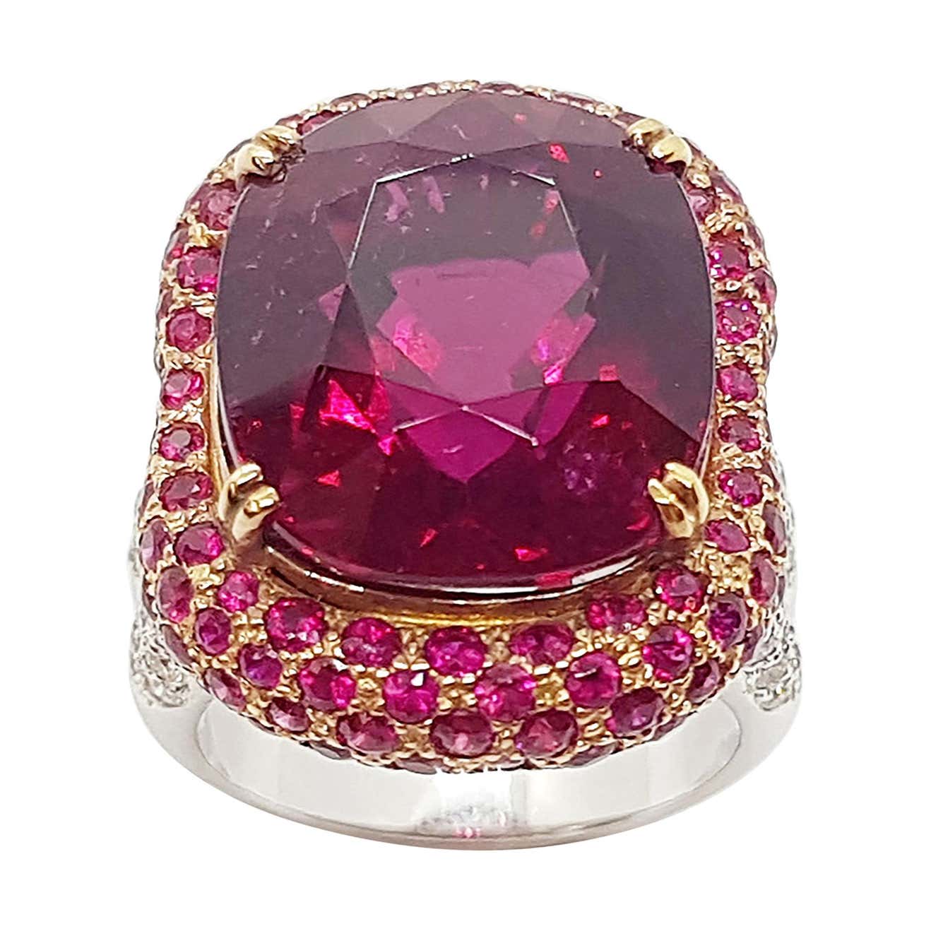 Rubellite with Ruby and Diamond Ring in 18K White Gold and Rose Gold ...
