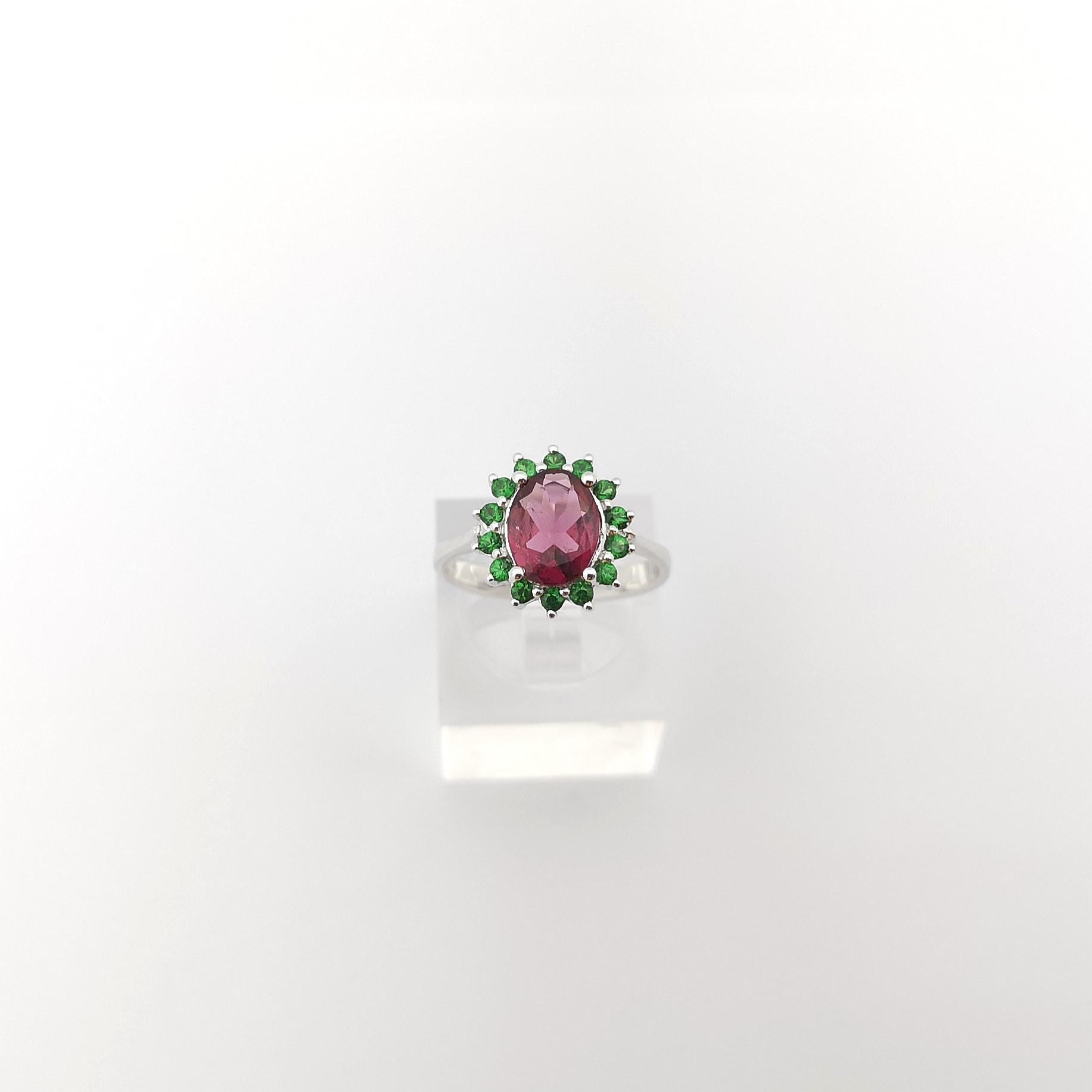 Rubellite with Tsavorite Ring set in 14K White Gold Settings For Sale 5