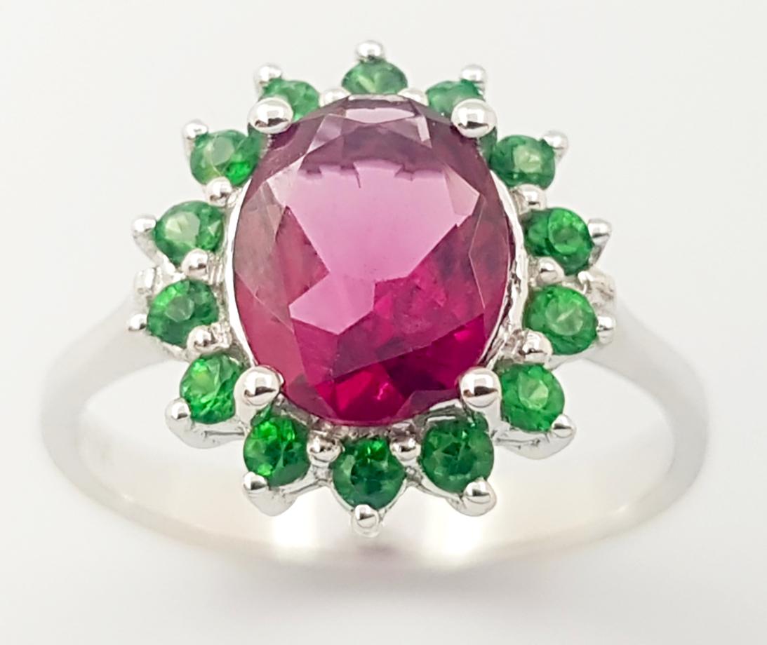 Rubellite with Tsavorite Ring set in 14K White Gold Settings For Sale 6