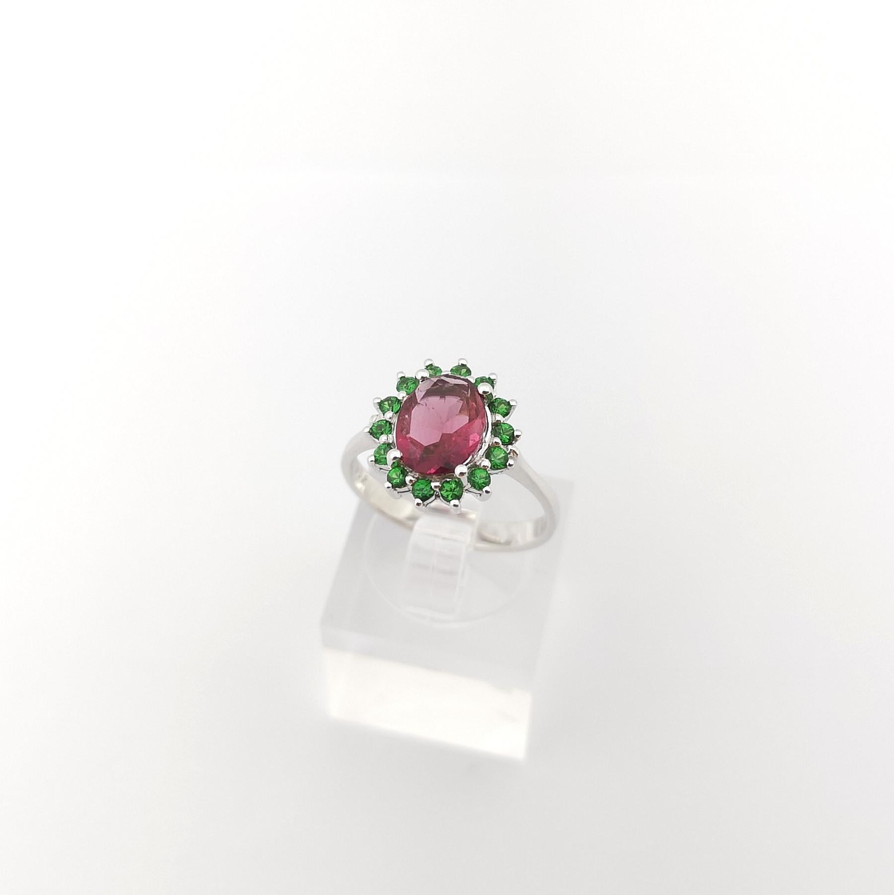 Rubellite with Tsavorite Ring set in 14K White Gold Settings For Sale 7