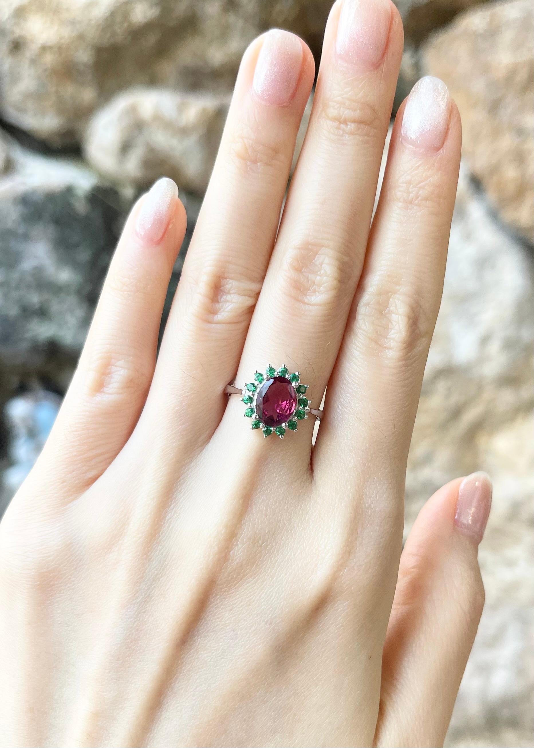 Contemporary Rubellite with Tsavorite Ring set in 14K White Gold Settings For Sale