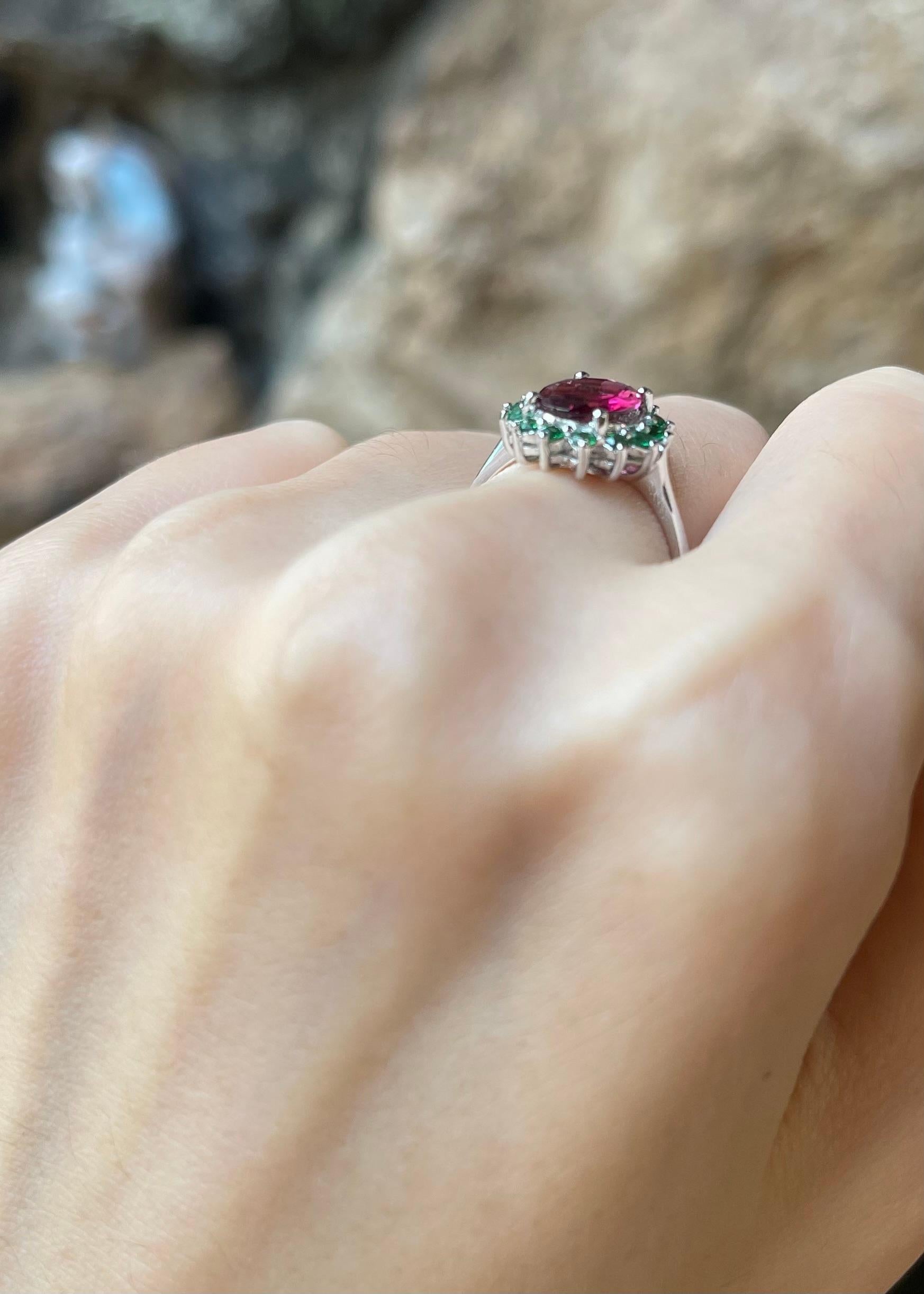 Rubellite with Tsavorite Ring set in 14K White Gold Settings For Sale 1