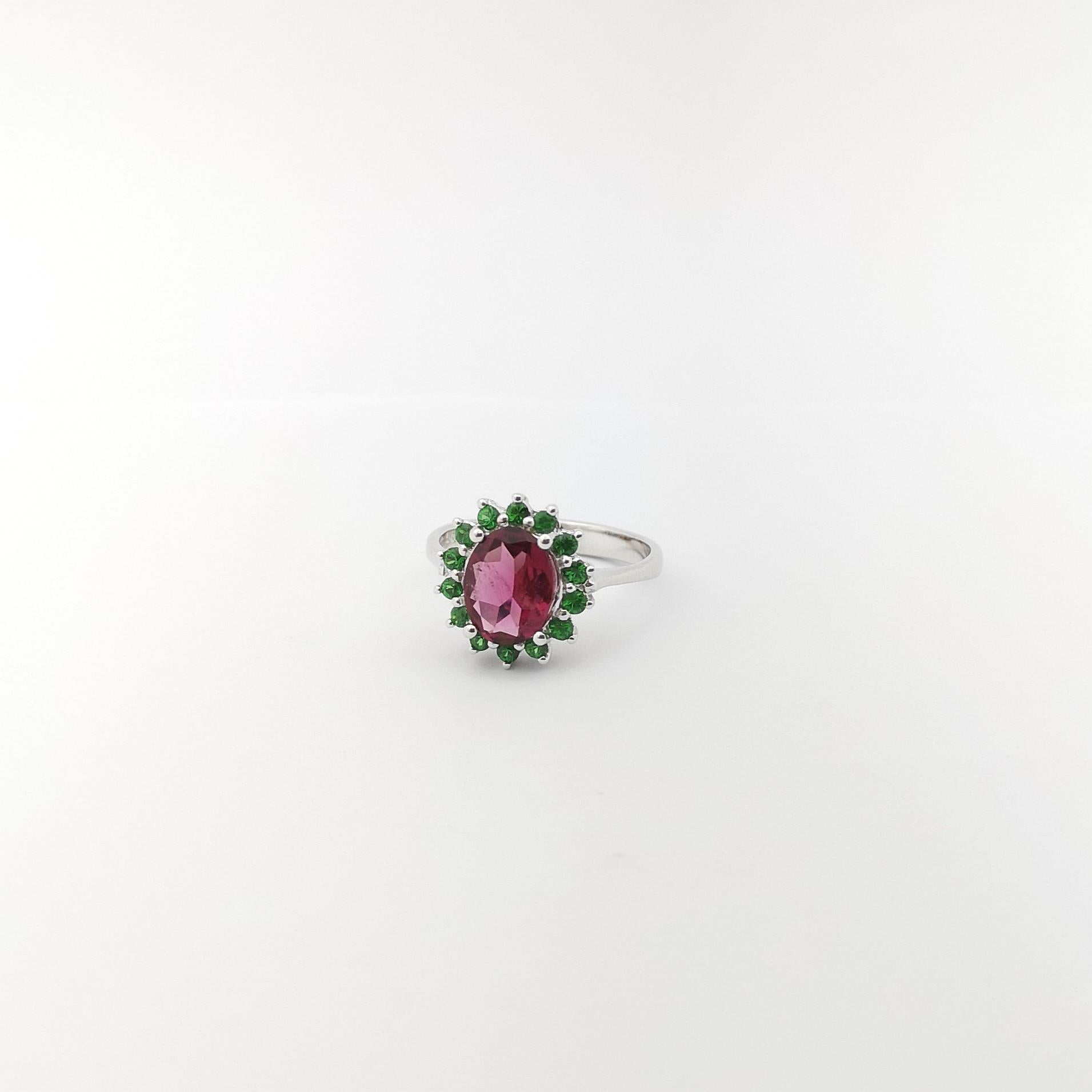 Rubellite with Tsavorite Ring set in 14K White Gold Settings For Sale 2