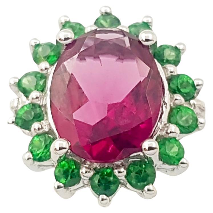Rubellite with Tsavorite Ring set in 14K White Gold Settings For Sale