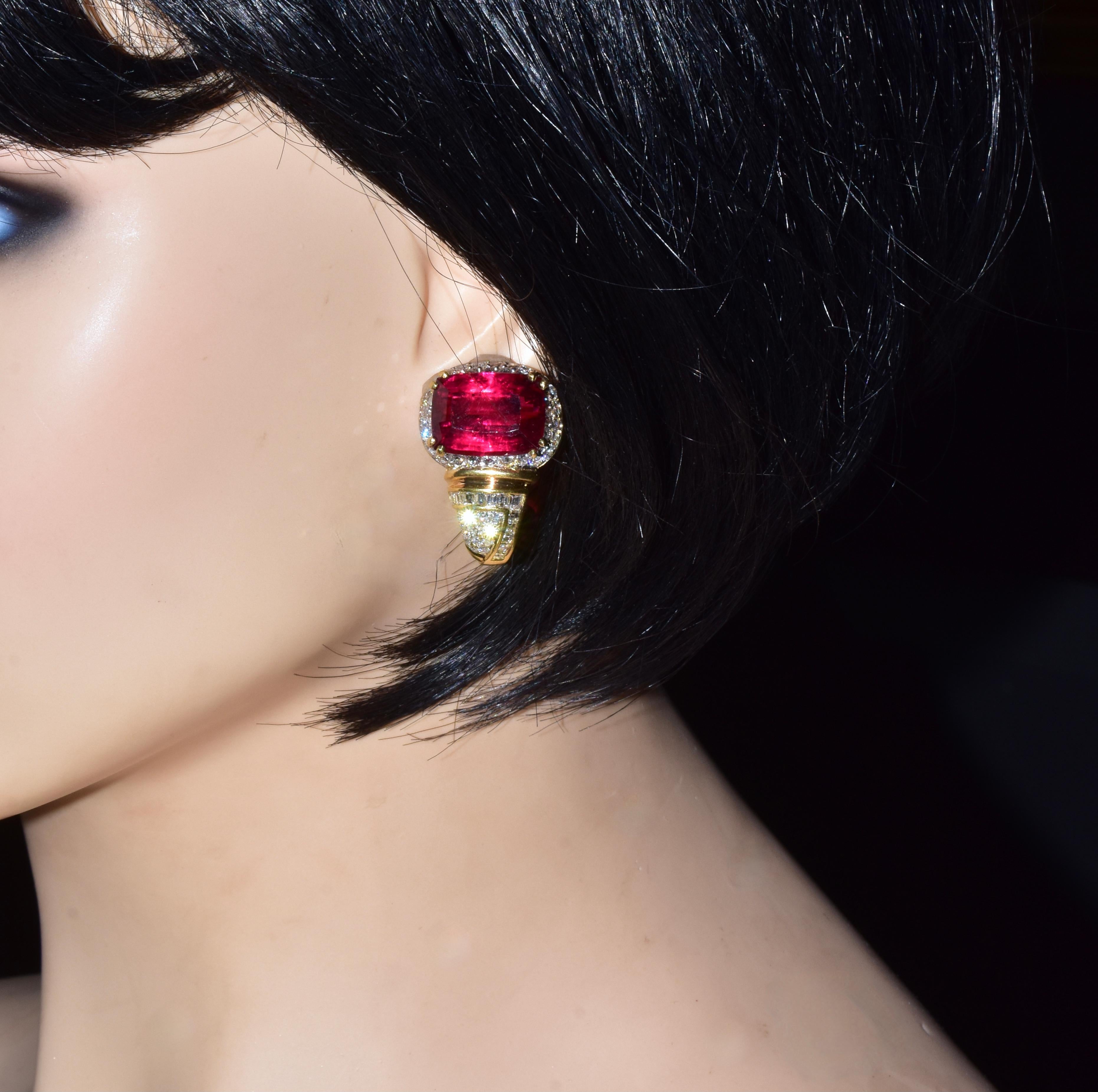 Contemporary Rubellite Tourmaline, 26 Cts. & Diamonds, 5 cts. in 18k Fine Earrings For Sale