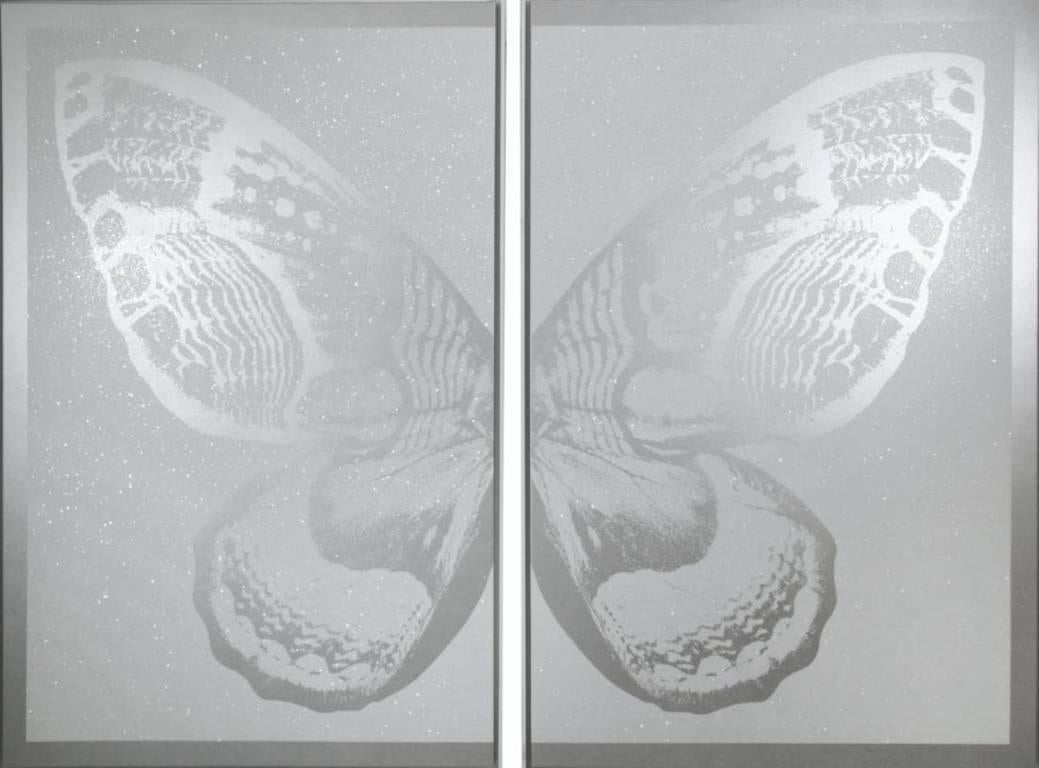 Rubem Robierb Animal Painting - Hybrid Diptych Butterfly I - Silver on White