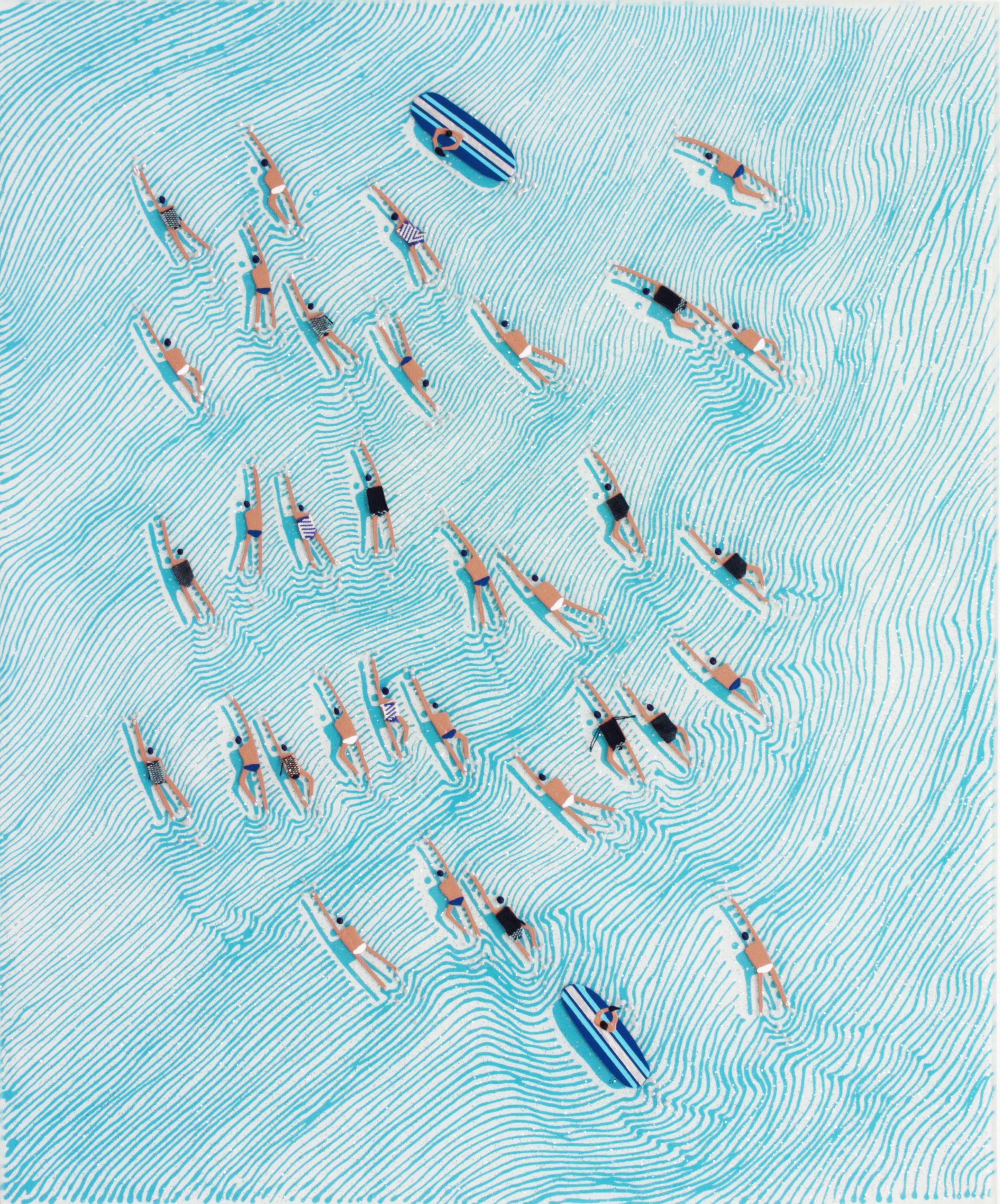 Ruben Abstract Abstract Painting - Swimmers 647 at Wuhu Islands blue waters, Painting, Acrylic on Wood Panel