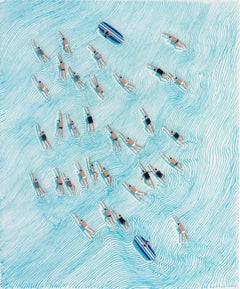 Swimmers 647 at Wuhu Islands blue waters, Painting, Acrylic on Wood Panel