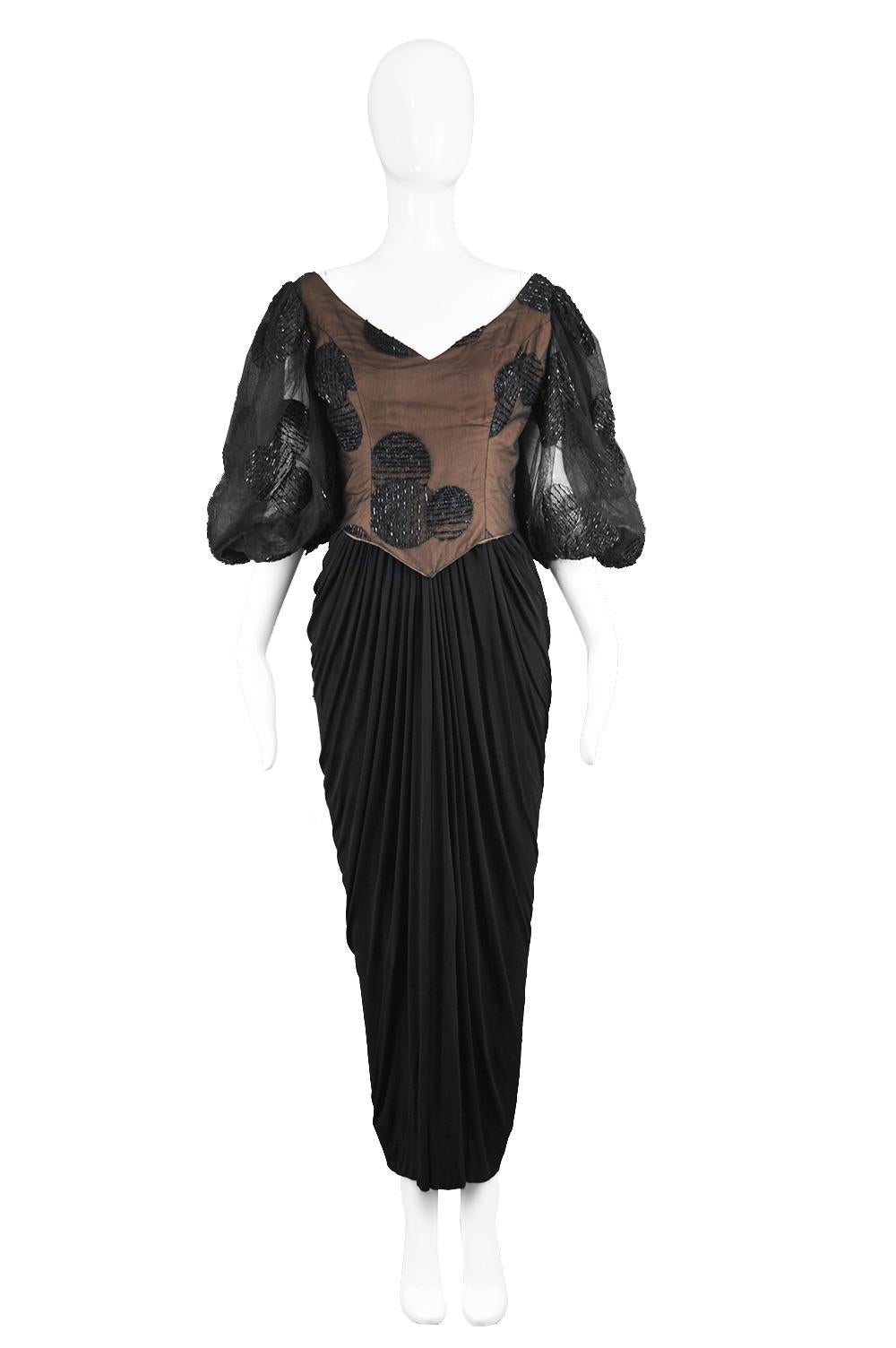 Estimated Size: UK 10-12/ US 6-8/ EU 38-40. Please check measurements. 
Bust - 35” / 89cm
Waist - 30” / 76cm
Hips - 36” / 91cm 
Length (Shoulder to Hem) - 53” / 140cm

An incredibly glamorous vintage evening dress from the 80s by Manila born,