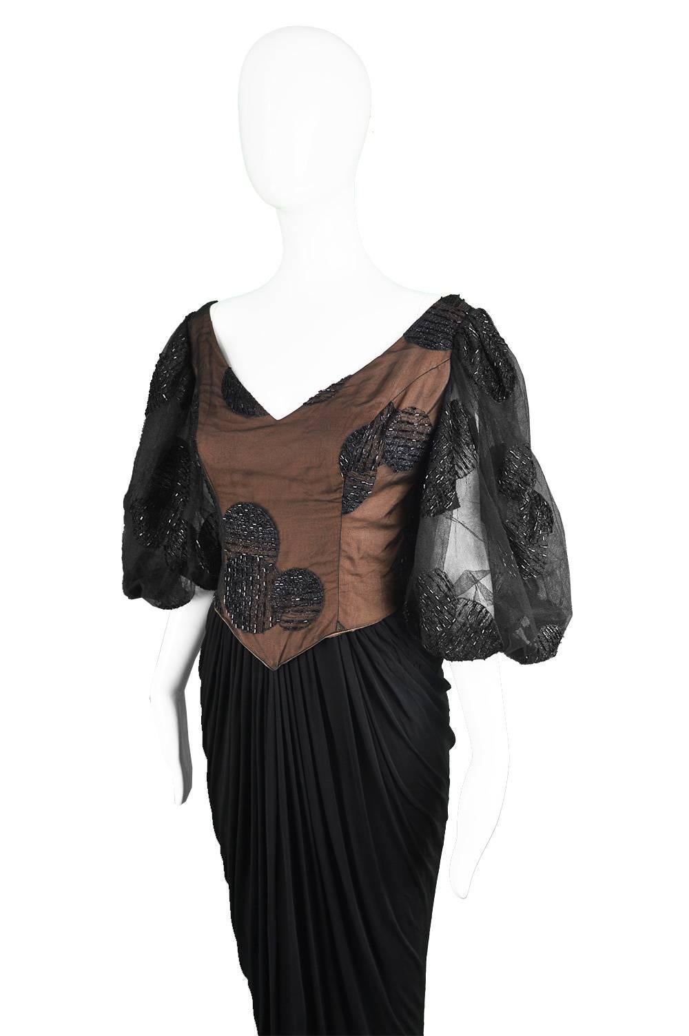 Black Ruben Panis Vintage 1980s Beaded Tulle & Jersey  Balloon Sleeve Evening Dress