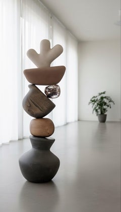 Abstract Brutalist Still Life Sculpture in Black Marble, Oak and Chestnut Wood