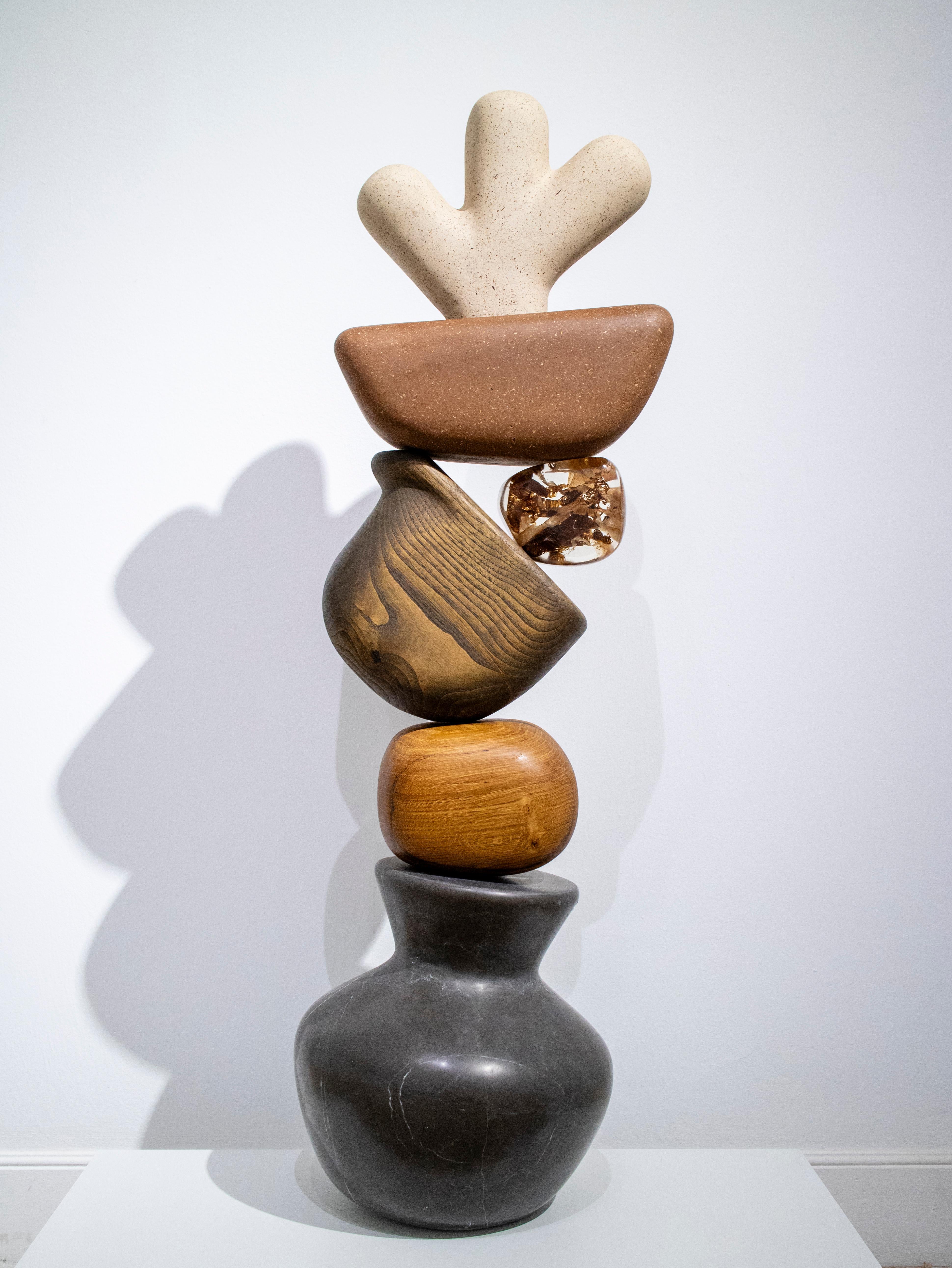 Rubén Sánchez Still-Life Sculpture - Abstract Brutalist Still Life Sculpture in Black Marble, Oak and Chestnut Wood