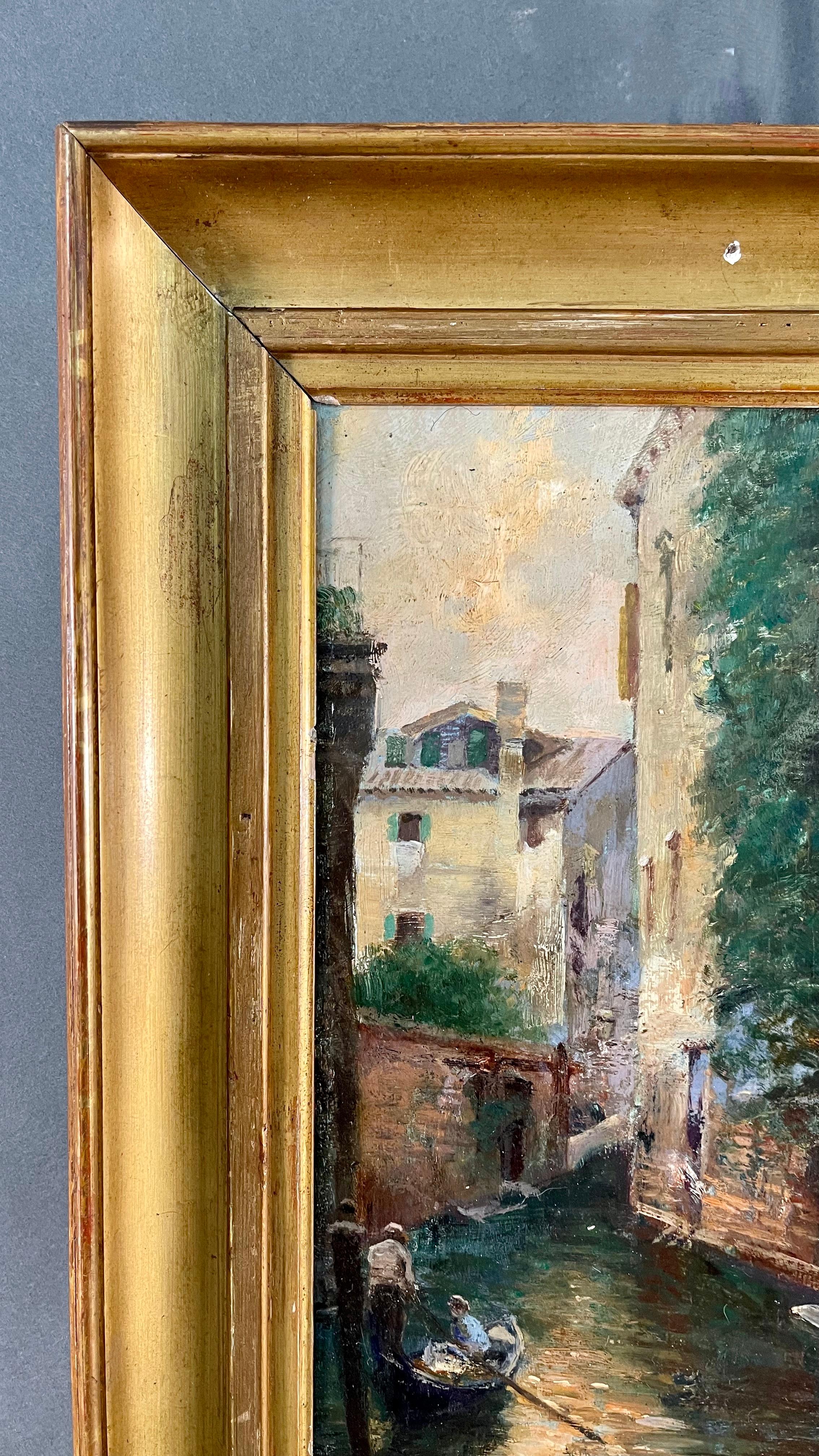 Beautiful and evocative view of a Venetian canal by the great Italian artist Ruben Santoro.
Signed at lower right 
Technique oil on panel
On the back are antique various inscriptions, dedications and labels
This painting, never before on the market,