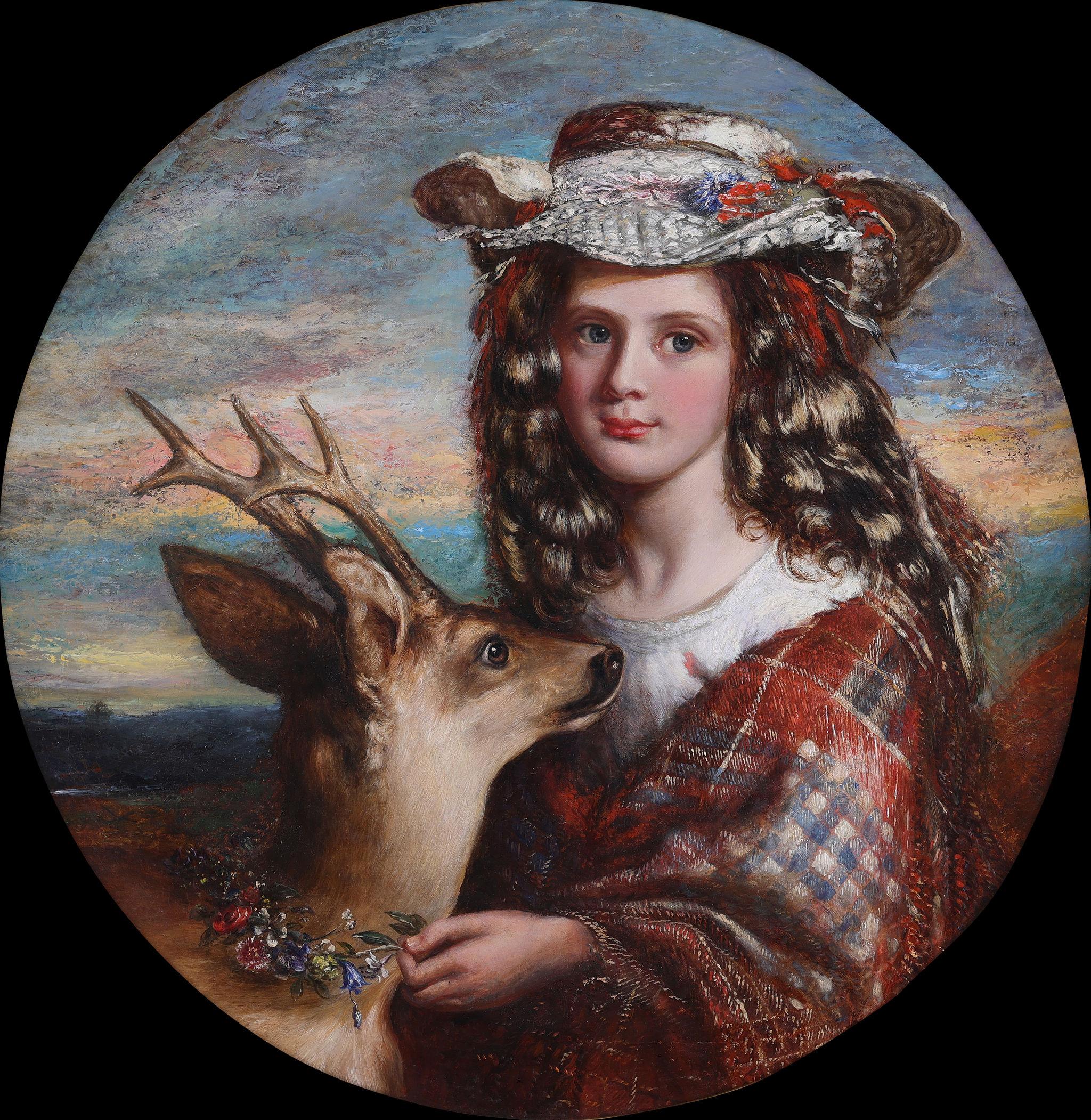 The Scottish Flower Girl with a Doe - Painting by Ruben Sayers