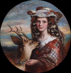 Victorian Oil Painting of a Scottish Flower Girl with a Doe by Reuben Sayers