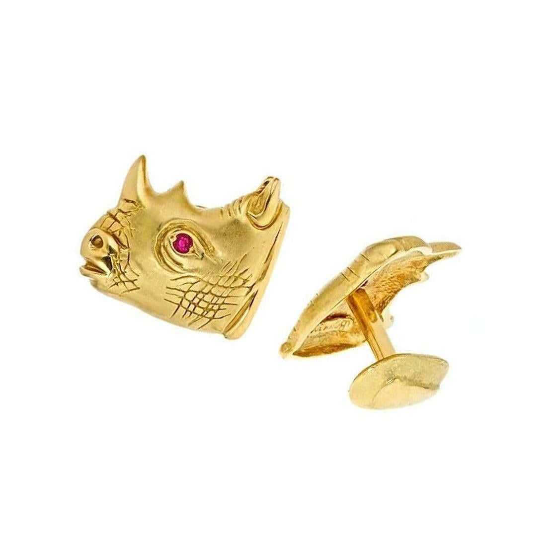 Rubies 18 Karat Gold RHINOCEROS Cufflinks by John Landrum Bryant In New Condition For Sale In New York, NY