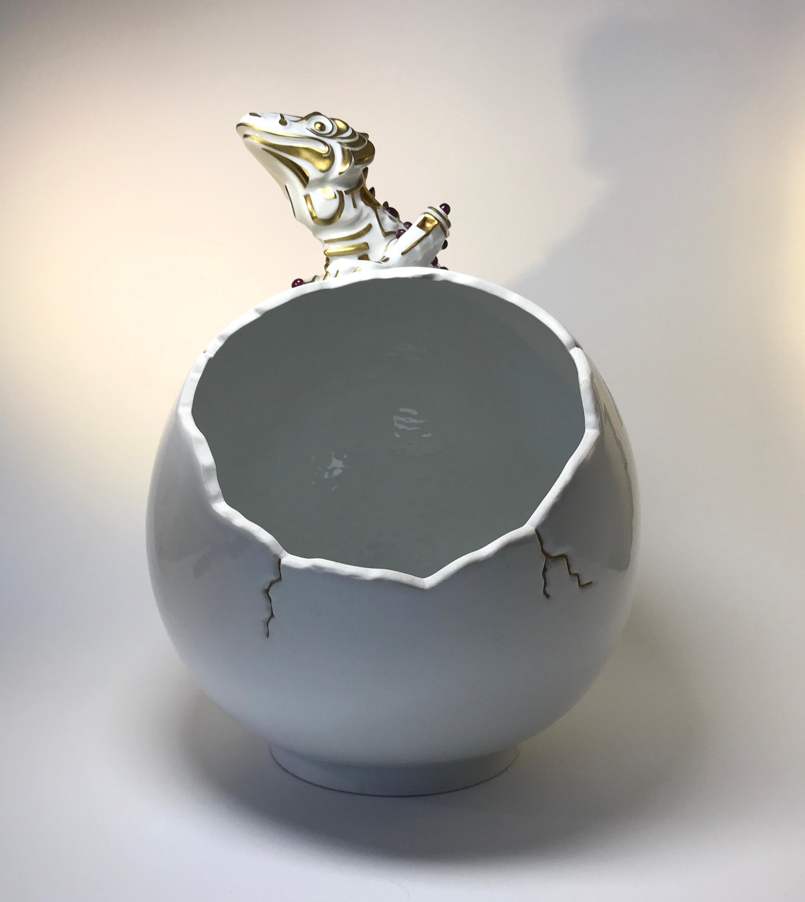 Rubies 24k Pure Gold, Porcelain Luxury Lizard Sculpture Egg Caviar Bowl 2000s 4