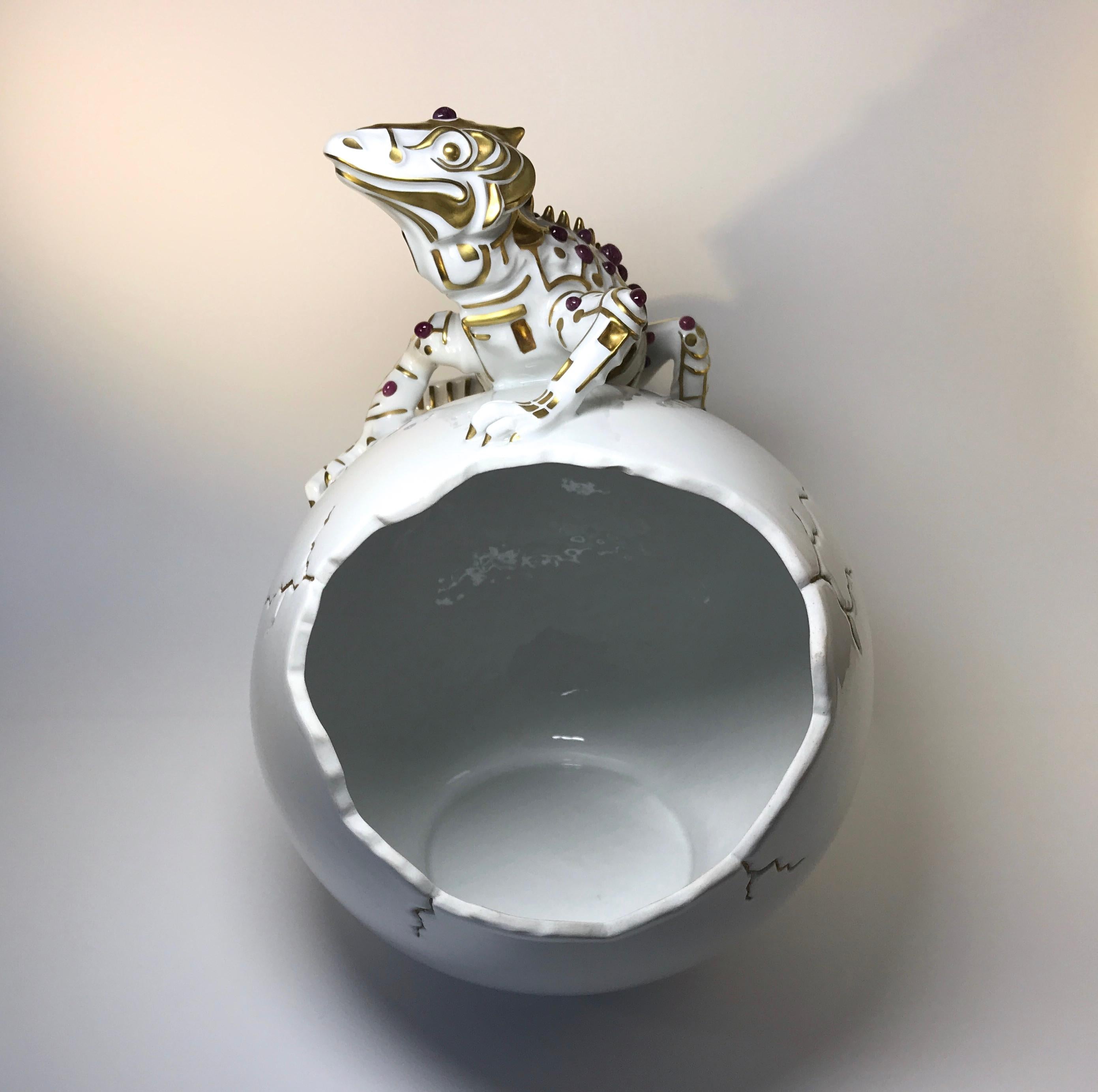 Rubies 24k Pure Gold, Porcelain Luxury Lizard Sculpture Egg Caviar Bowl 2000s 5