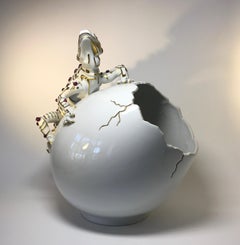 Rubies 24k Pure Gold, Porcelain Luxury Lizard Sculpture Egg Caviar Bowl 2000s