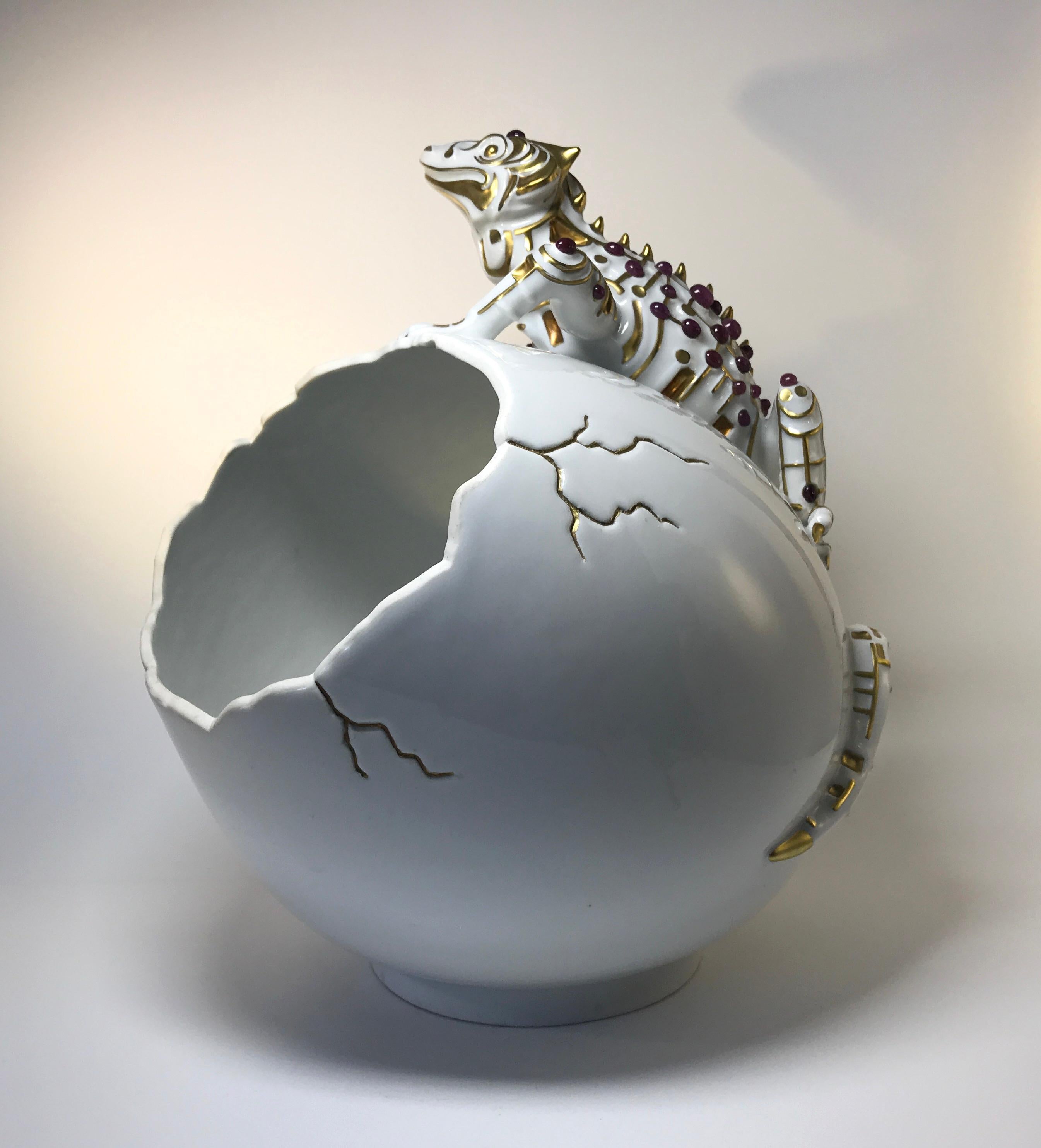 Rubies 24k Pure Gold, Porcelain Luxury Lizard Sculpture Egg Caviar Bowl 2000s 1