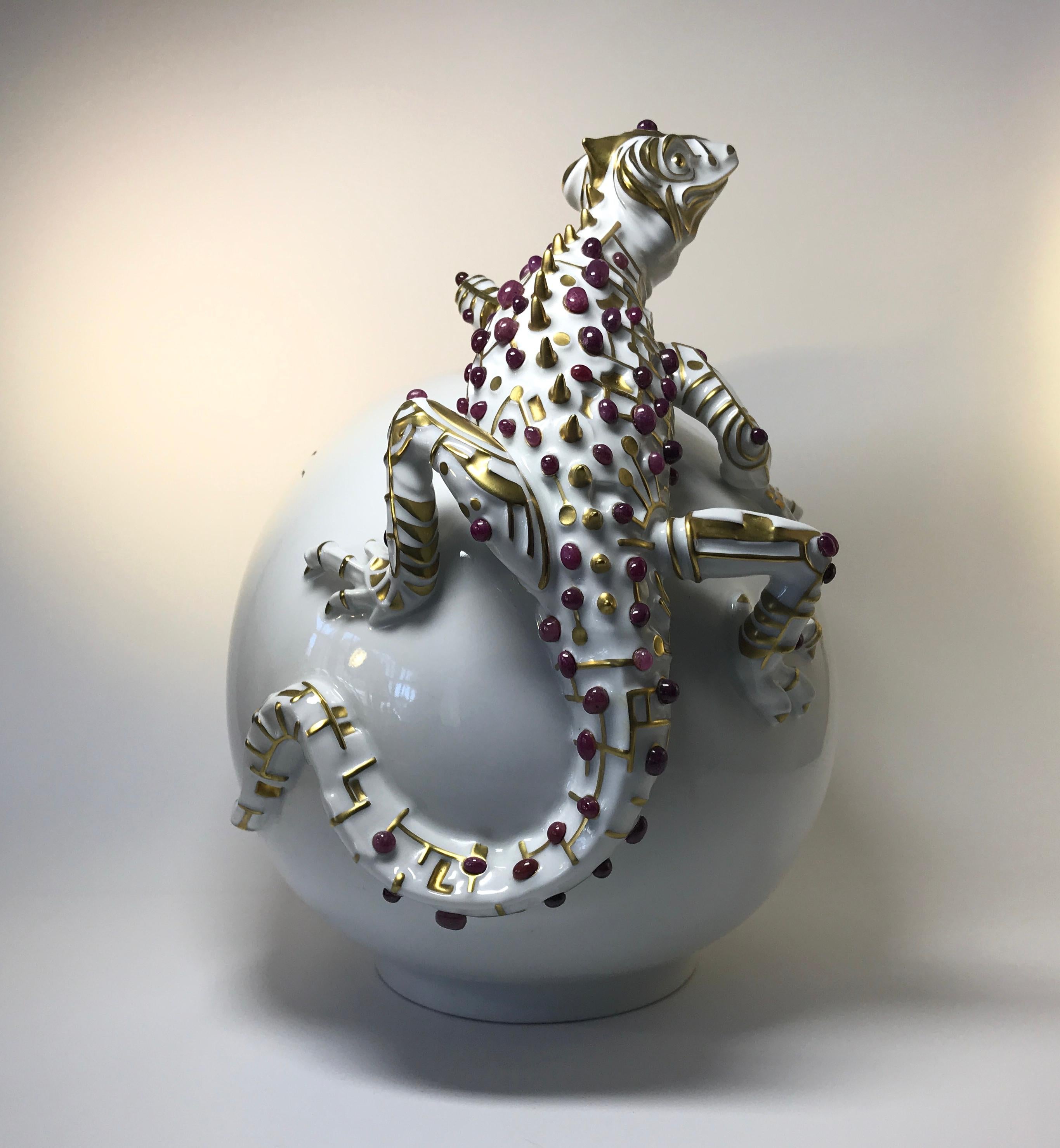Rubies 24k Pure Gold, Porcelain Luxury Lizard Sculpture Egg Caviar Bowl 2000s 3