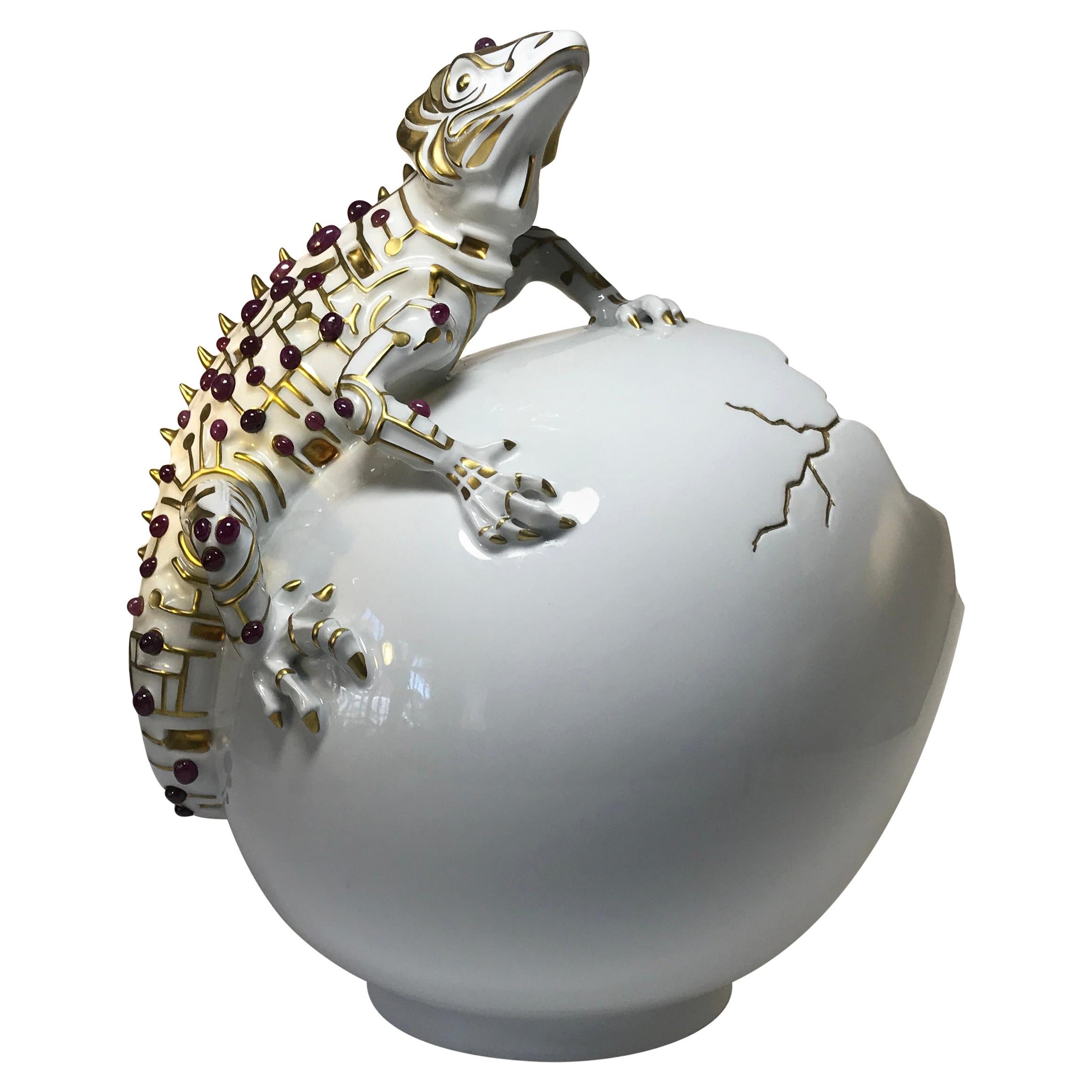 Rubies 24k Pure Gold, Porcelain Luxury Lizard Sculpture Egg Caviar Bowl 2000s