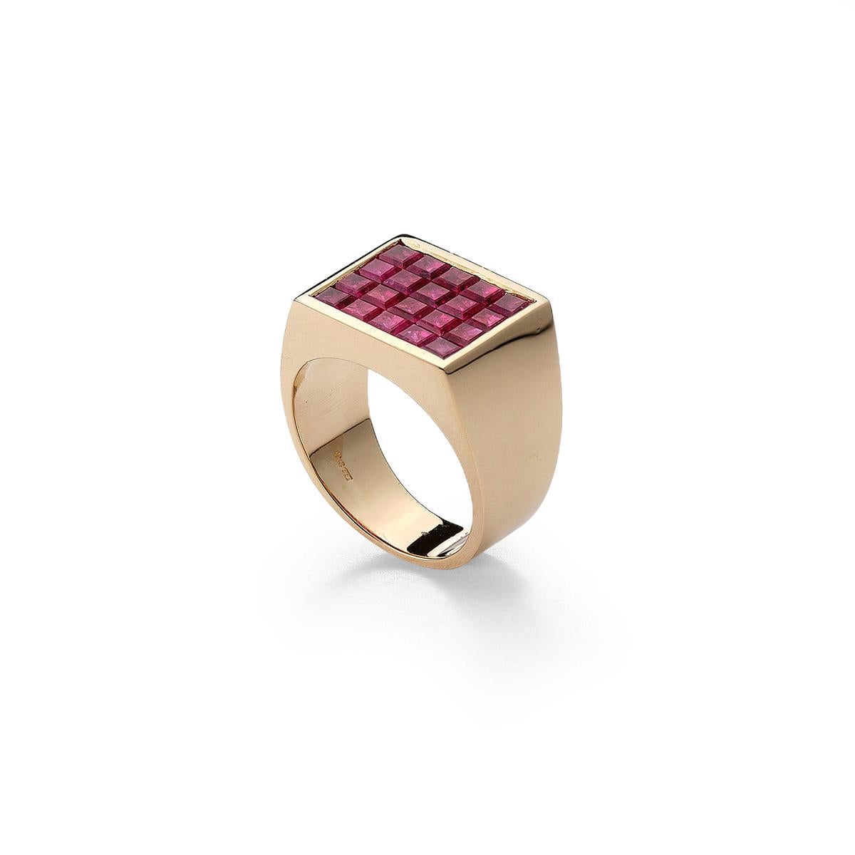 Ring in 18 karat yellow gold set with 20 square cut rubies weigh 4.79 carats total Size 54