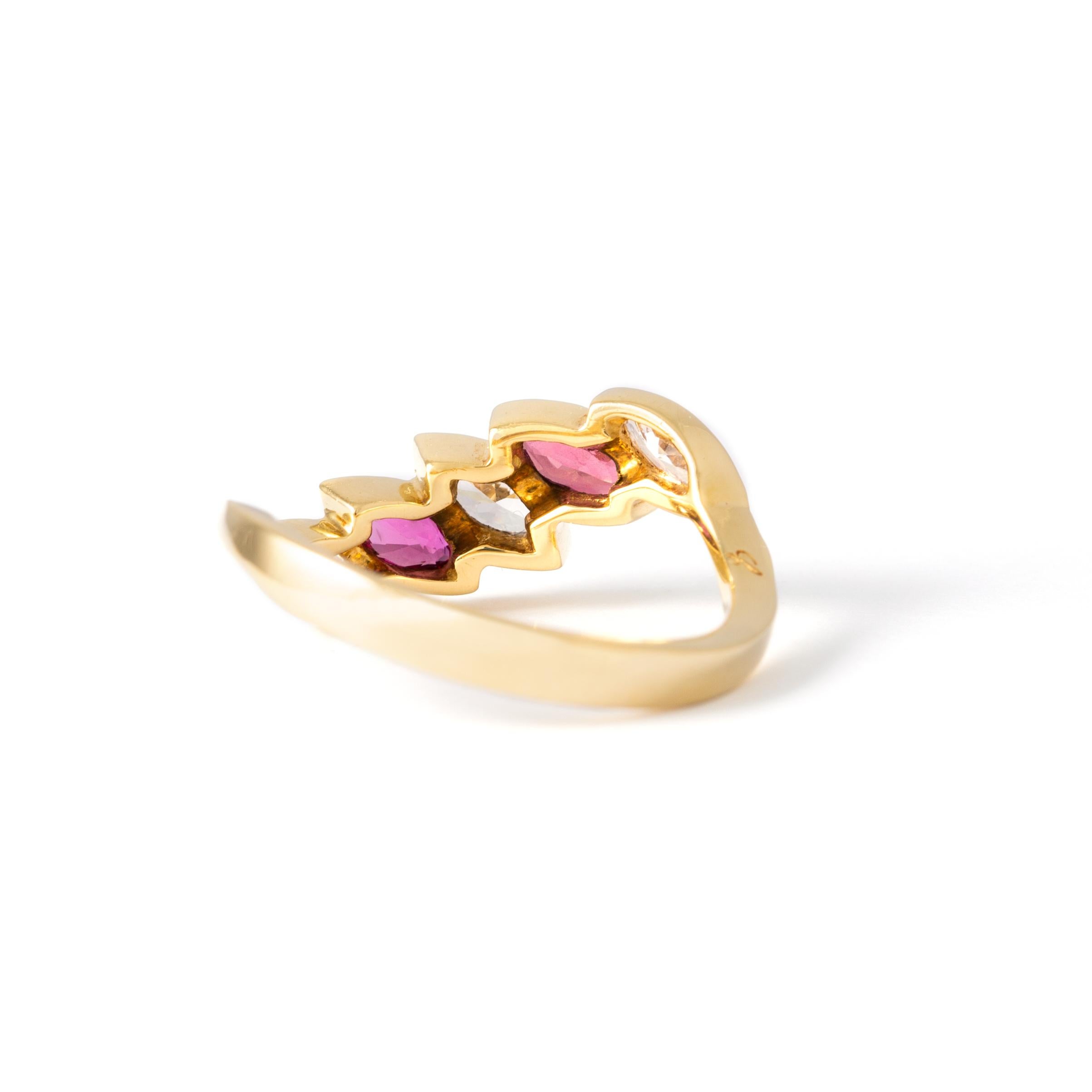 Marquise Cut Rubies and Diamond Gold Ring For Sale