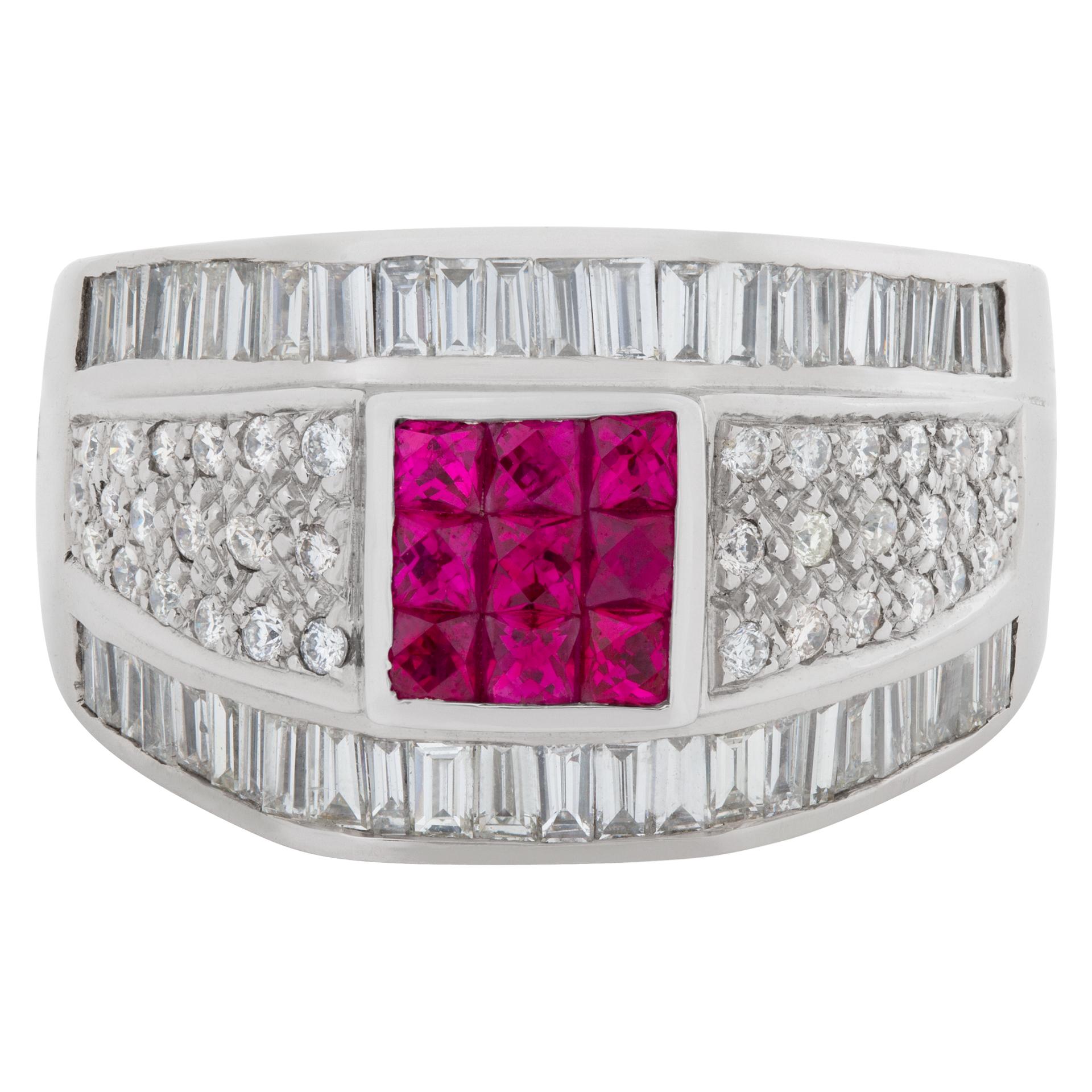 Fancy ruby and diamond ring with over 1carat in baguette and pave round diamonds in 18k white gold. Size 8.5.

This Diamond ring is currently size 8.5 and some items can be sized up or down, please ask! It weighs 7.7 pennyweights and is 18k.